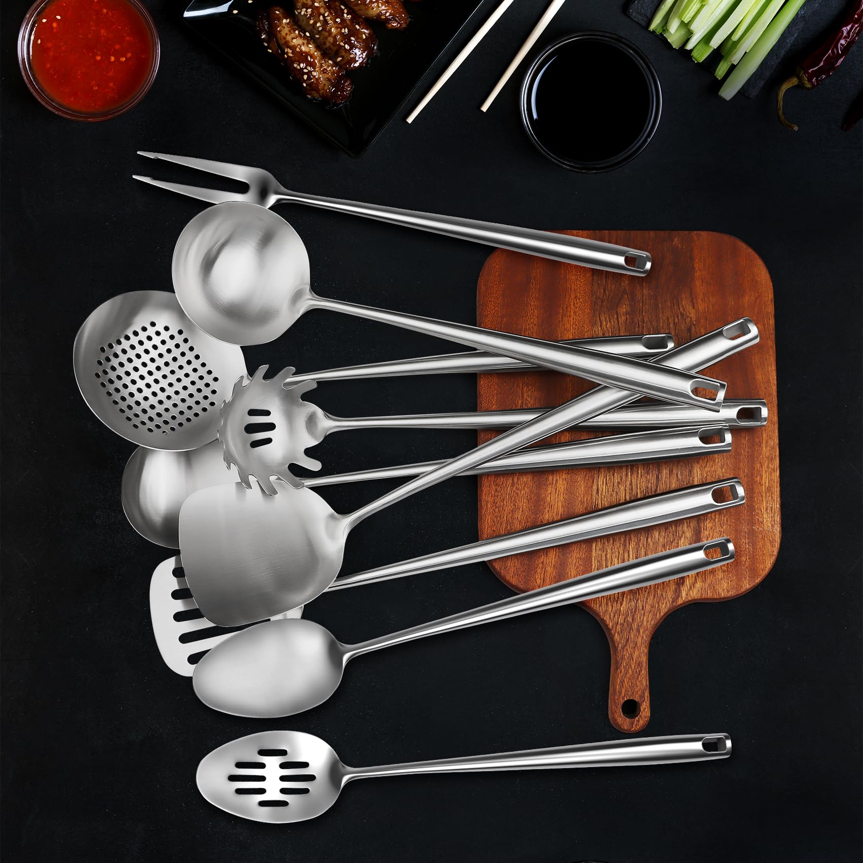 Küchenutensilien-Set aus 18/10 Edelstahl, 9-teilig, professionelles Kochutensilien-Set aus Metall mit Wok-Spatel, Suppenkelle, Schaumlöffel, Pfannenwender, Spaghetti-Löffel, großem Löffel