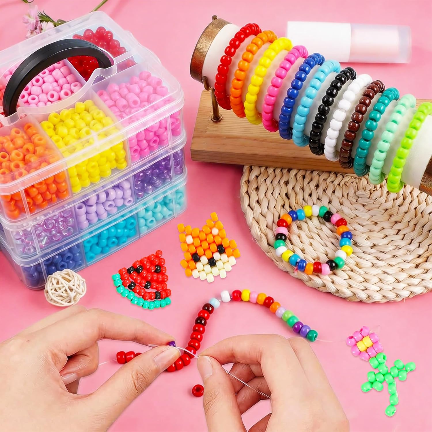 3600Pcs Pony Beads, 18Assorted Colors 6x9mm Plastic Kandi Beads Bulk for Bracelets Hair Braids Jewelry Making DIY Crafts