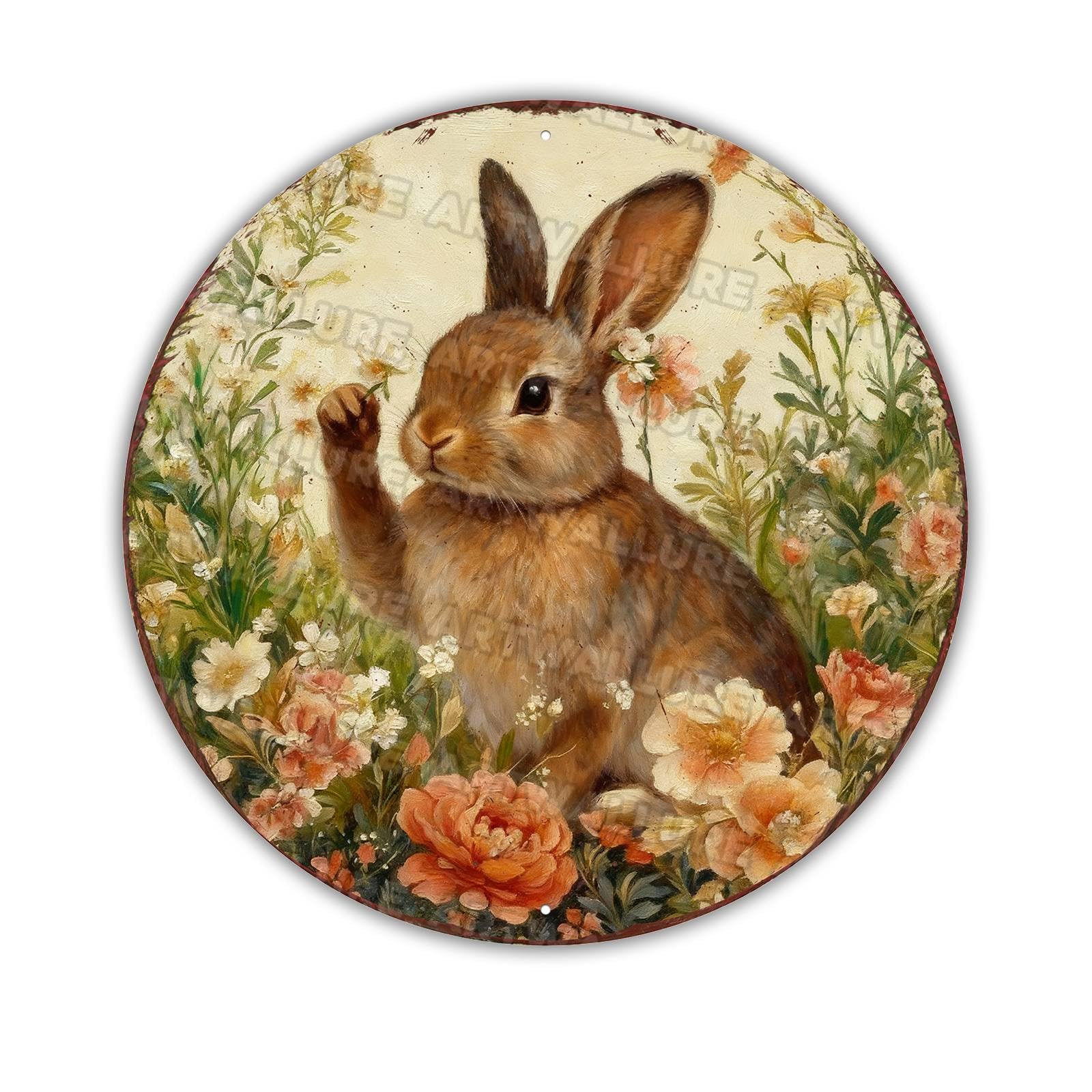 Easter Bunny Wreath Metal Sign Rustic Farmhouse Design Floral Spring Decor For Front Door Wall Art 8x8Inch