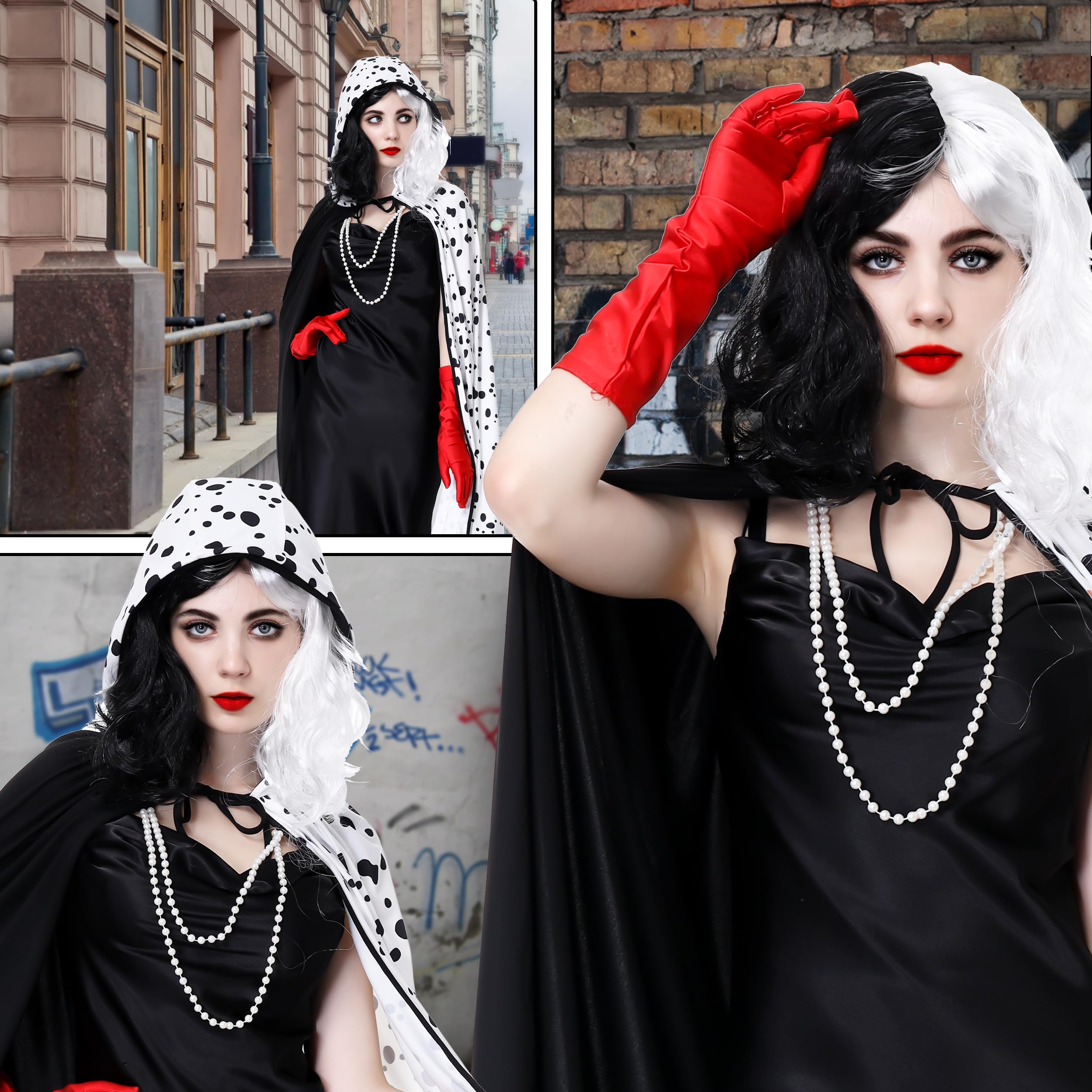 Charmofun 7 Piezas Disfraz Cruella Devil Mujer, Cruella de Vil Disfraz con Collar Peluca Guantes, Traje Halloween Mujer para Carnaval, Fiesta de Disfraces y Cosplay