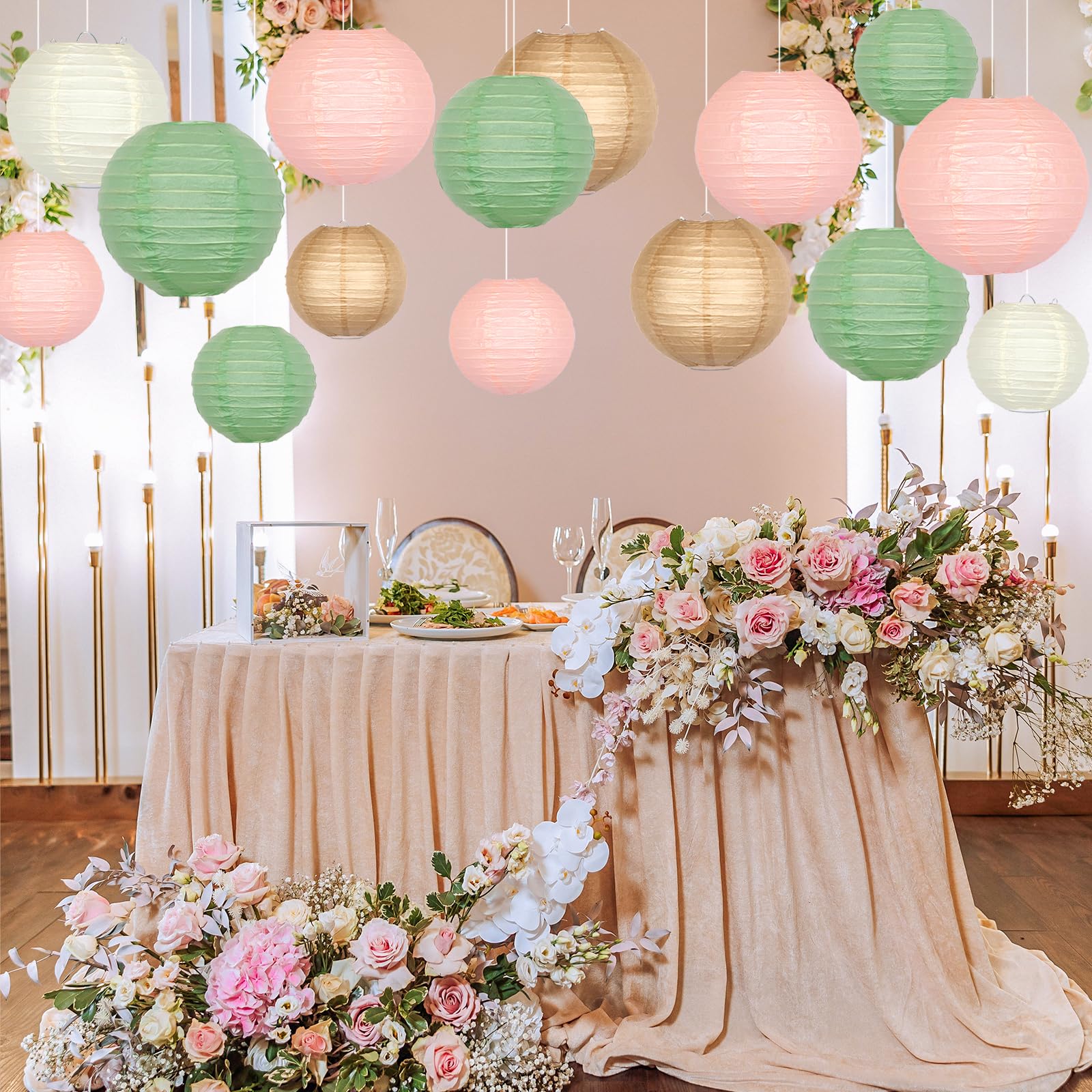 Neutral Baby Shower Lanterns Sage Green \u0026 Gold Paper Lanterns - 21pcs Round  Hanging Decor For Wedding, Graduation \u0026 Parties Gold Lantern Decorations, image size:1600x1600