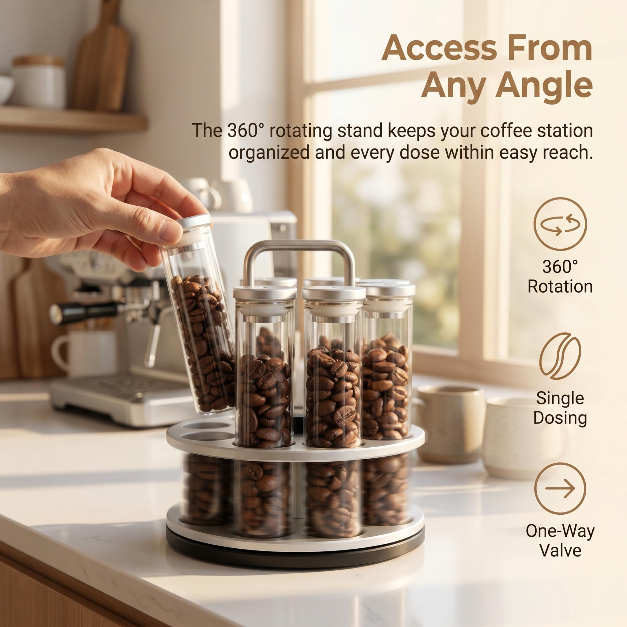 8 tubi per caffè espresso monodose con espositore girevole, imbuto, valvola unidirezionale, capacità 20 g, freschezza ermetica per barista domestico