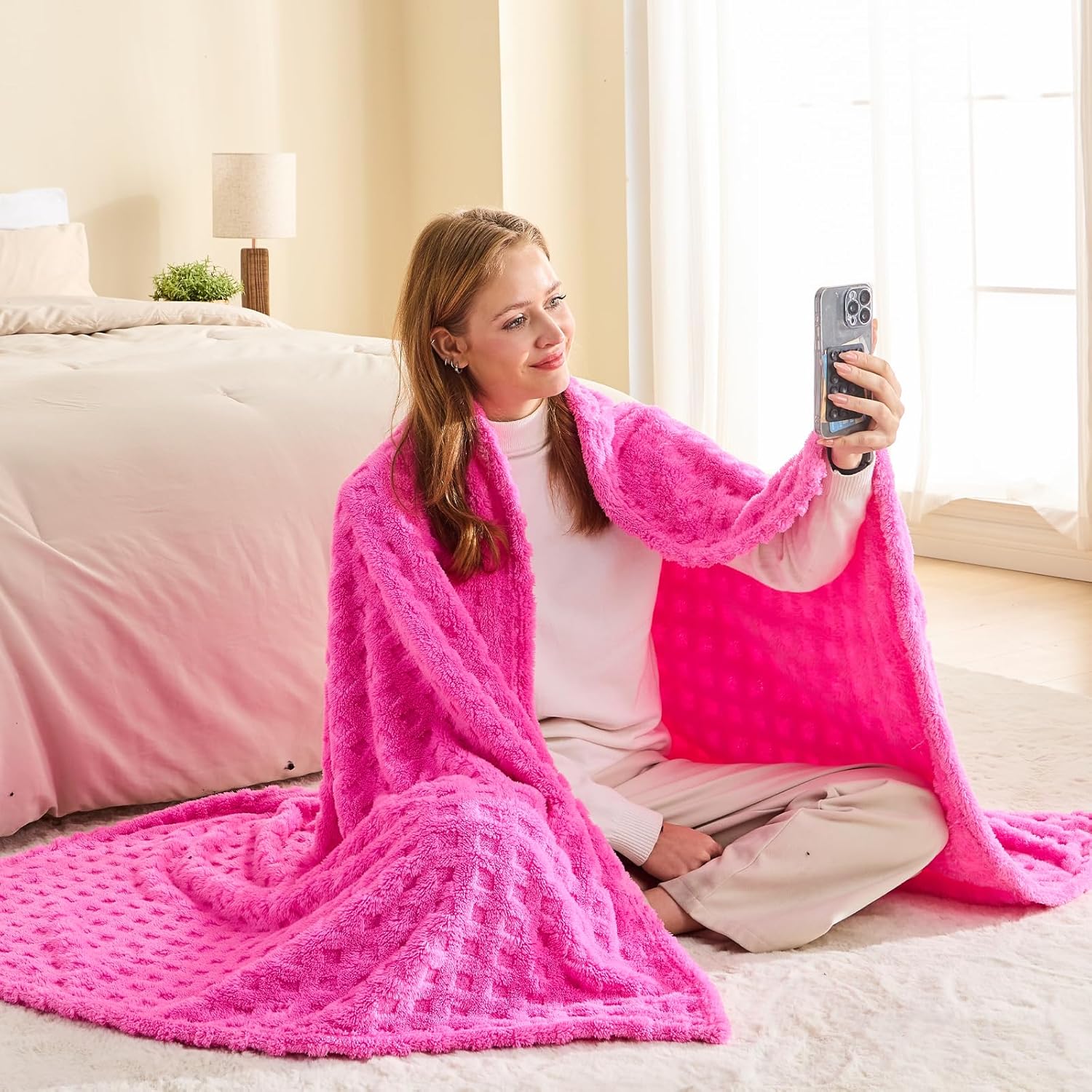 NEWCOSPLAY Super Soft Throw Blanket Pink Premium Silky Flannel Fleece 3D Waffle Checkered Lightweight Bed Blanket All Season Use (Hot Pink, Throw(50"x70")) - Image 3