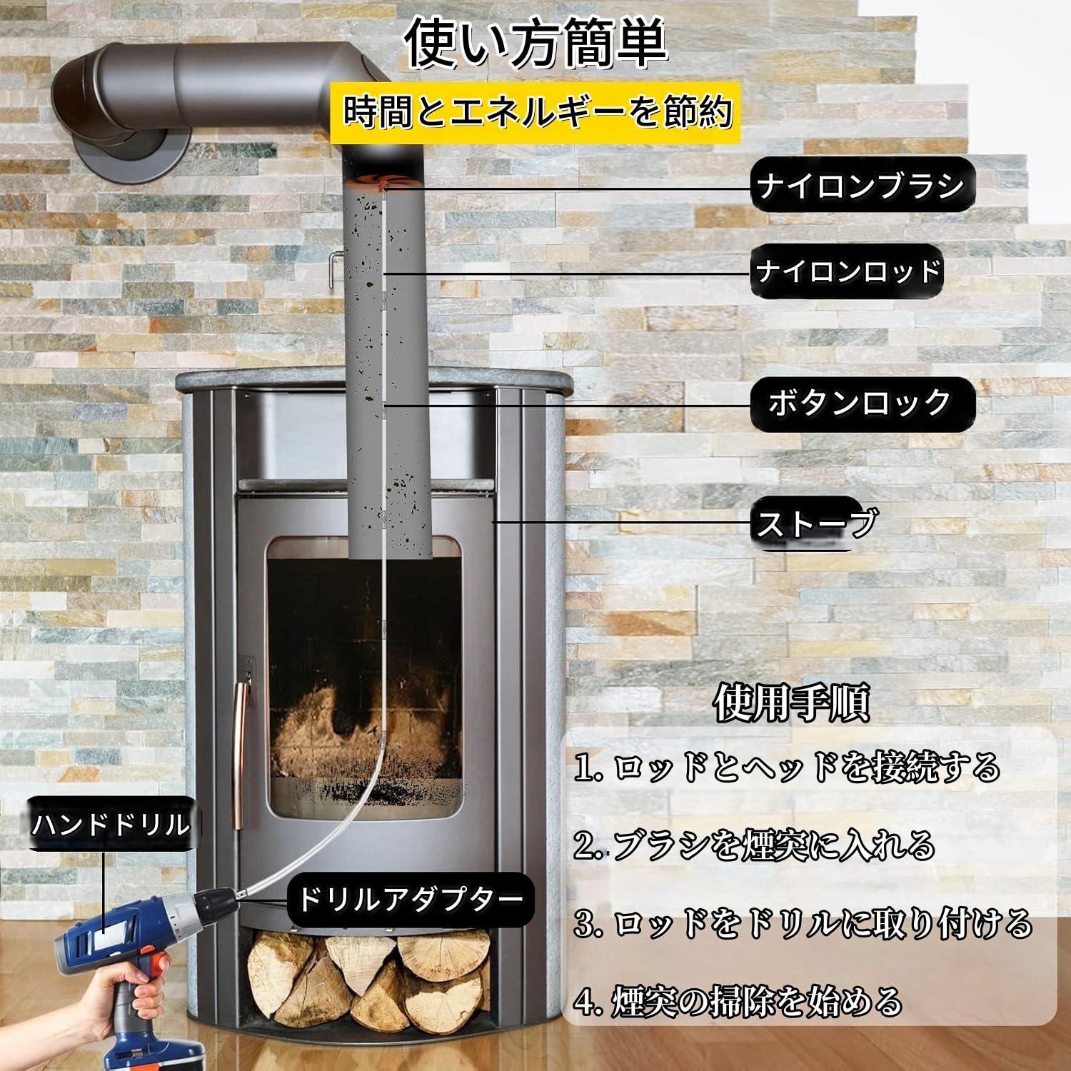 薪ストーブ 煙突掃除用 ブラシ ロッドセットRUTLAND Amazon | 煙突掃除キット 6本ナイロンロッド付き 6.5m回転ブラシ