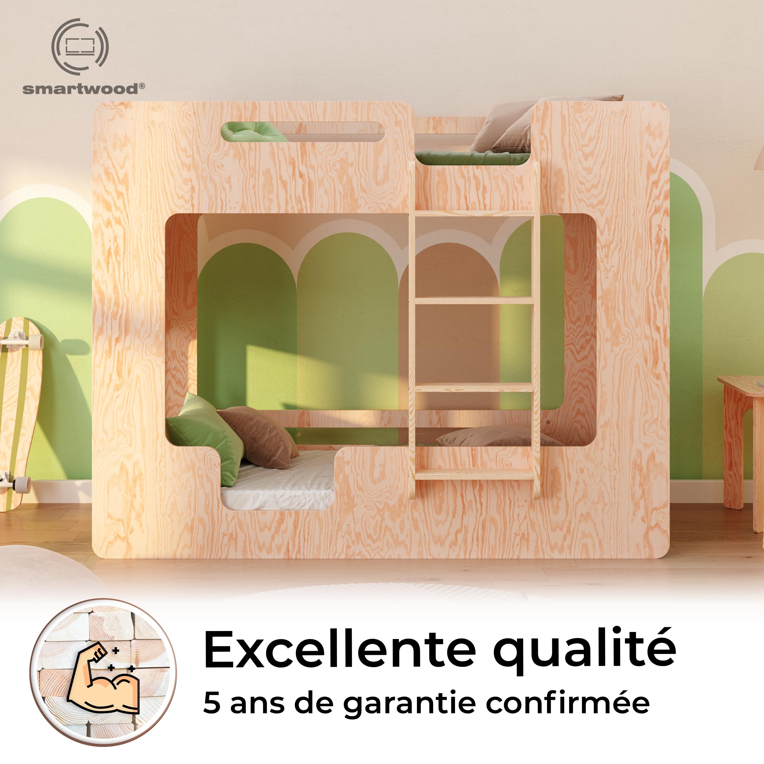 smartwood Lit Superposé 90x190 cm avec Barriere, en Pin, Mimi B