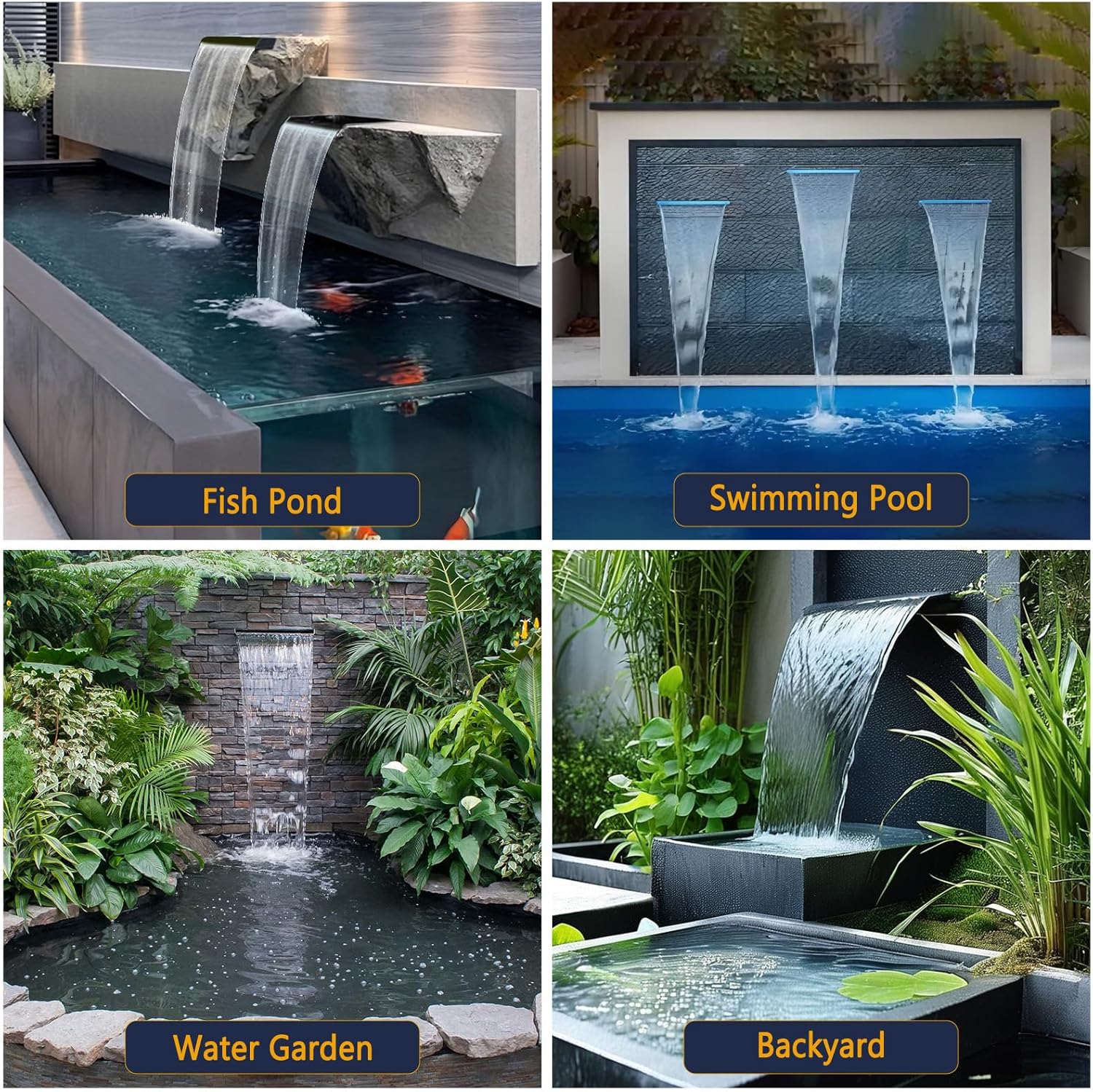 AquaMiracle Pond Waterfall Kit with LED Lights, All-in-1 Stainless Steel Spillway with 660GPH Water Pump, Outdoor Waterfall Fountain for Garden, Backyard & Pool Decor (8inch)