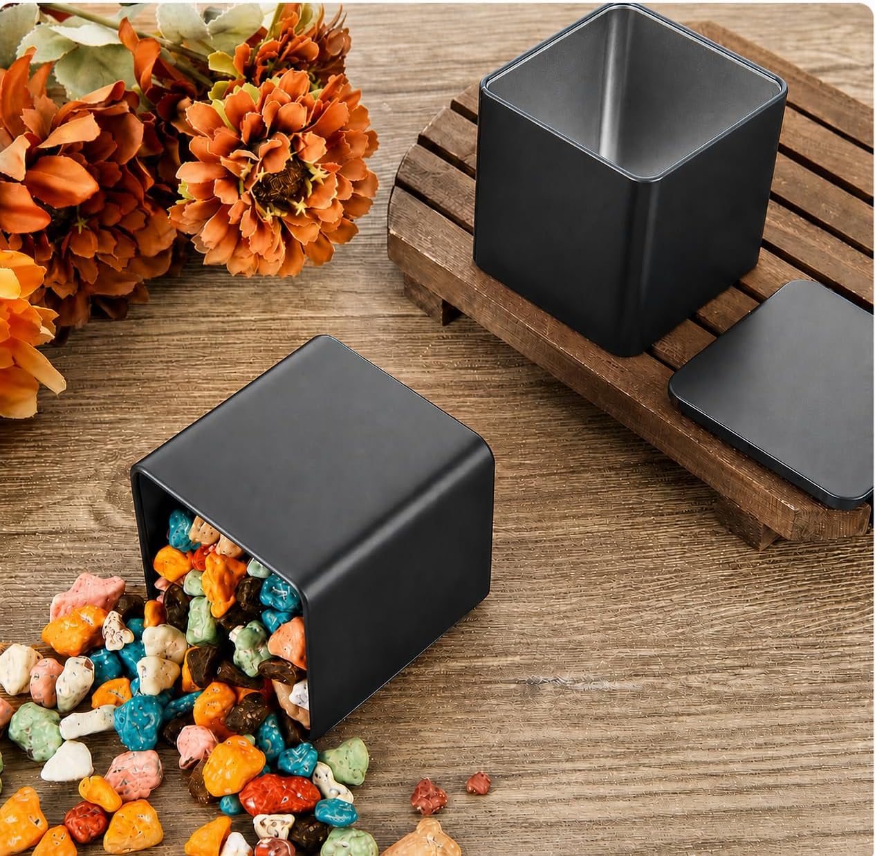 WOPPLXY 12 Pack Square Black Metal Tins, Small Tea Tin Canisters, 8 Oz Loose Leaf Tea Storage Containers with Airtight Lids, Square Tea Containers for Loose Teas, Herbs, Coffee, Cube Sugar image 4