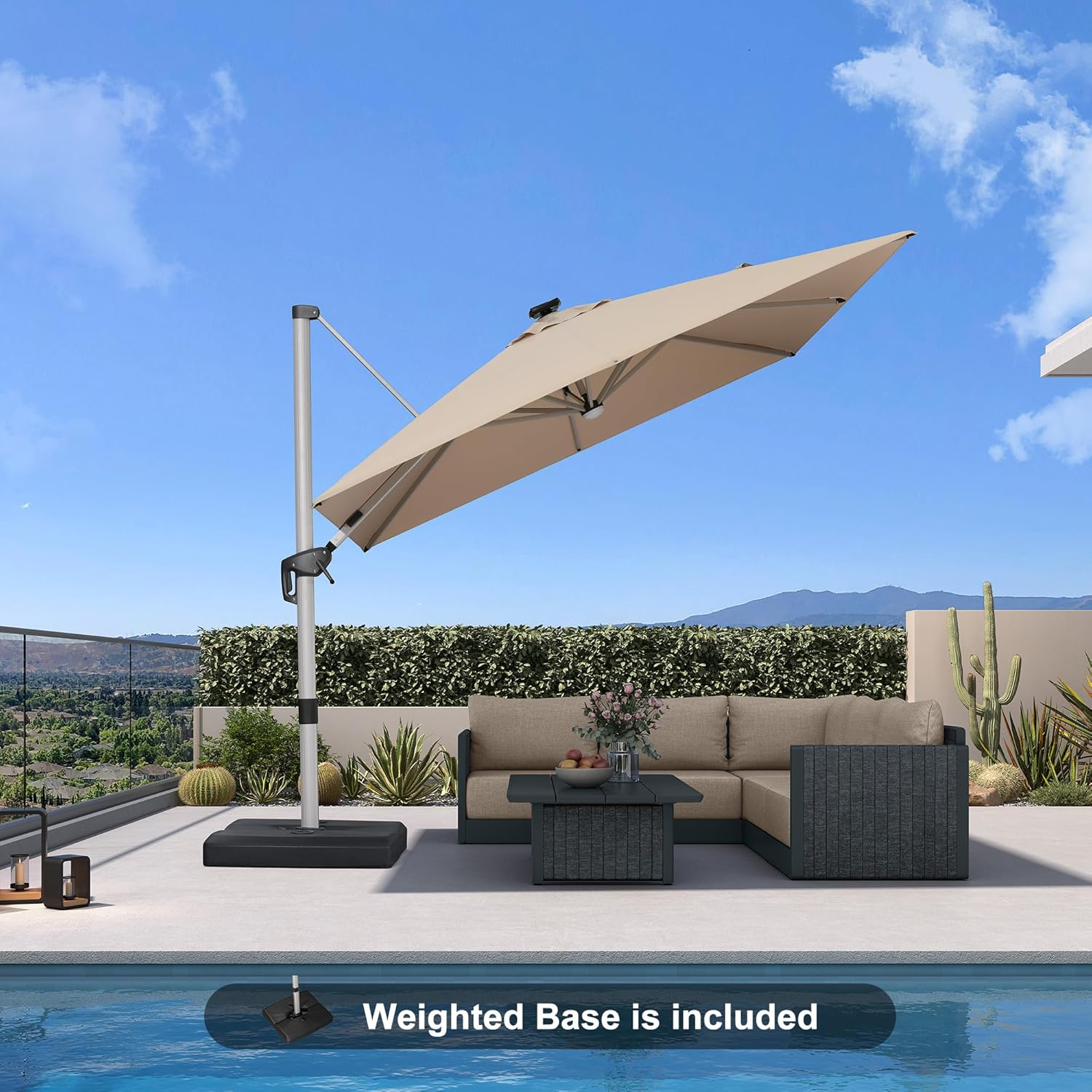 PURPLE LEAF Patio Umbrella with base 9 Feet Outdoor Square Cantilever Umbrella Solar Powered LED with 360-degree Rotation for Garden Deck Pool Patio, Beige