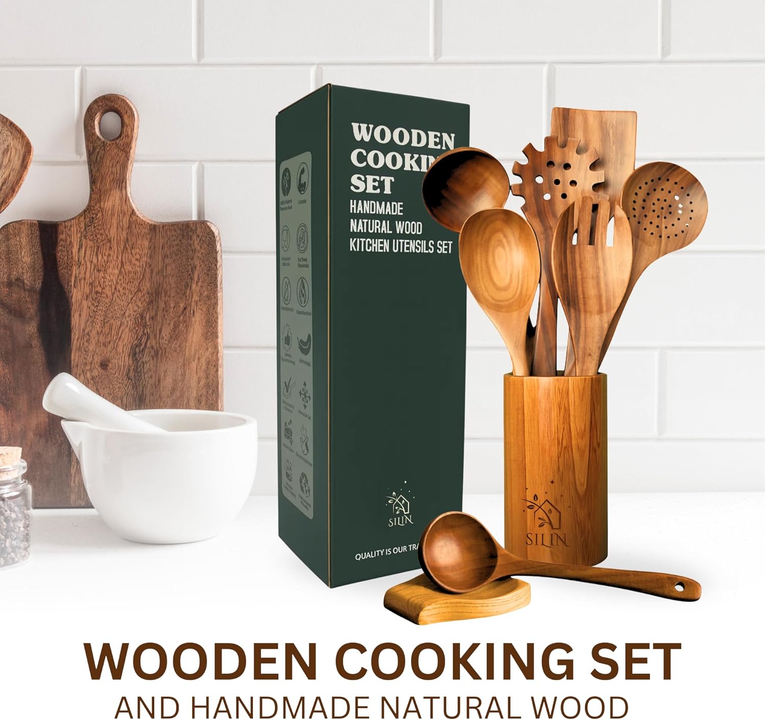 8 Pcs Wooden Spoons for Cooking - Wooden Utensils Set for Nonstick Pans &Cookware - Wooden cooking utensils with Rest, Utensil Holder and Hooks - Non Toxic, and Heat Resistant Teak Wooden Spoons - Image 4