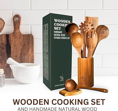 Miniatura 4 de Cucharas de madera para cocinar, juego de utensilios de 9 piezas para cocinar, juego de utensilios de madera de teca con soporte para cuchara y