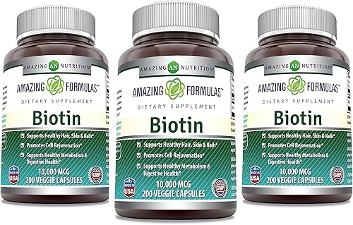 Amazing Formulas Biotin - Cápsulas vegetales de 10000 mcg, suplemento de vitamina B7, sin OMG, sin gluten, fabricadas en Estados Unidos (200
