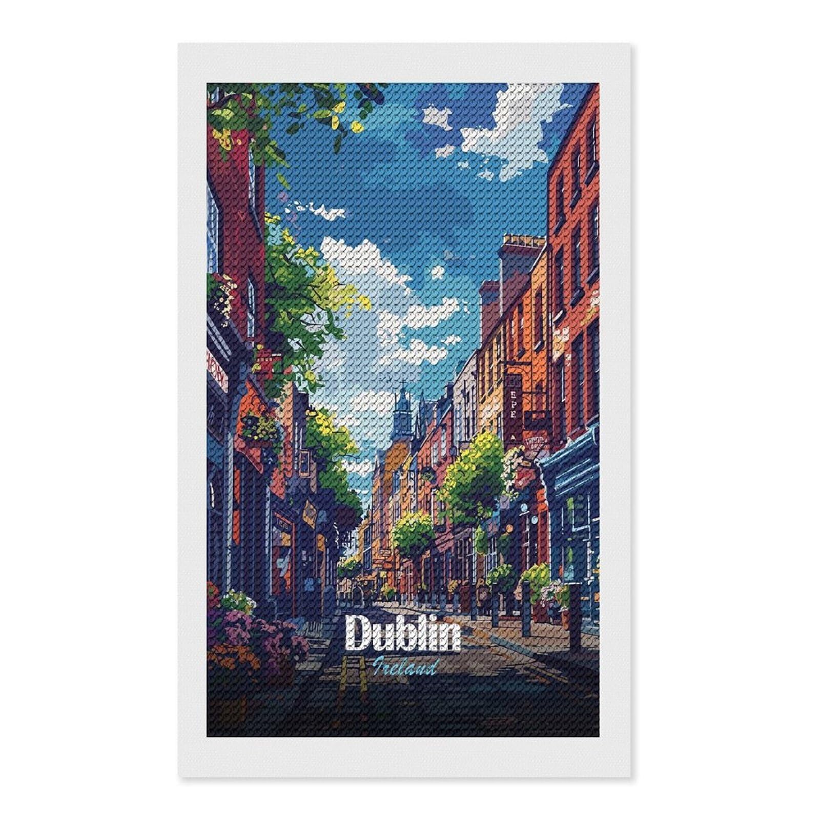 Junmoney Dublin, Ireland Street View Illustration Diamond Painting Canvas Kit 12"x20", Adhesive Canvas, Living Room Decor, Farmhouse Decor, Winter Craft