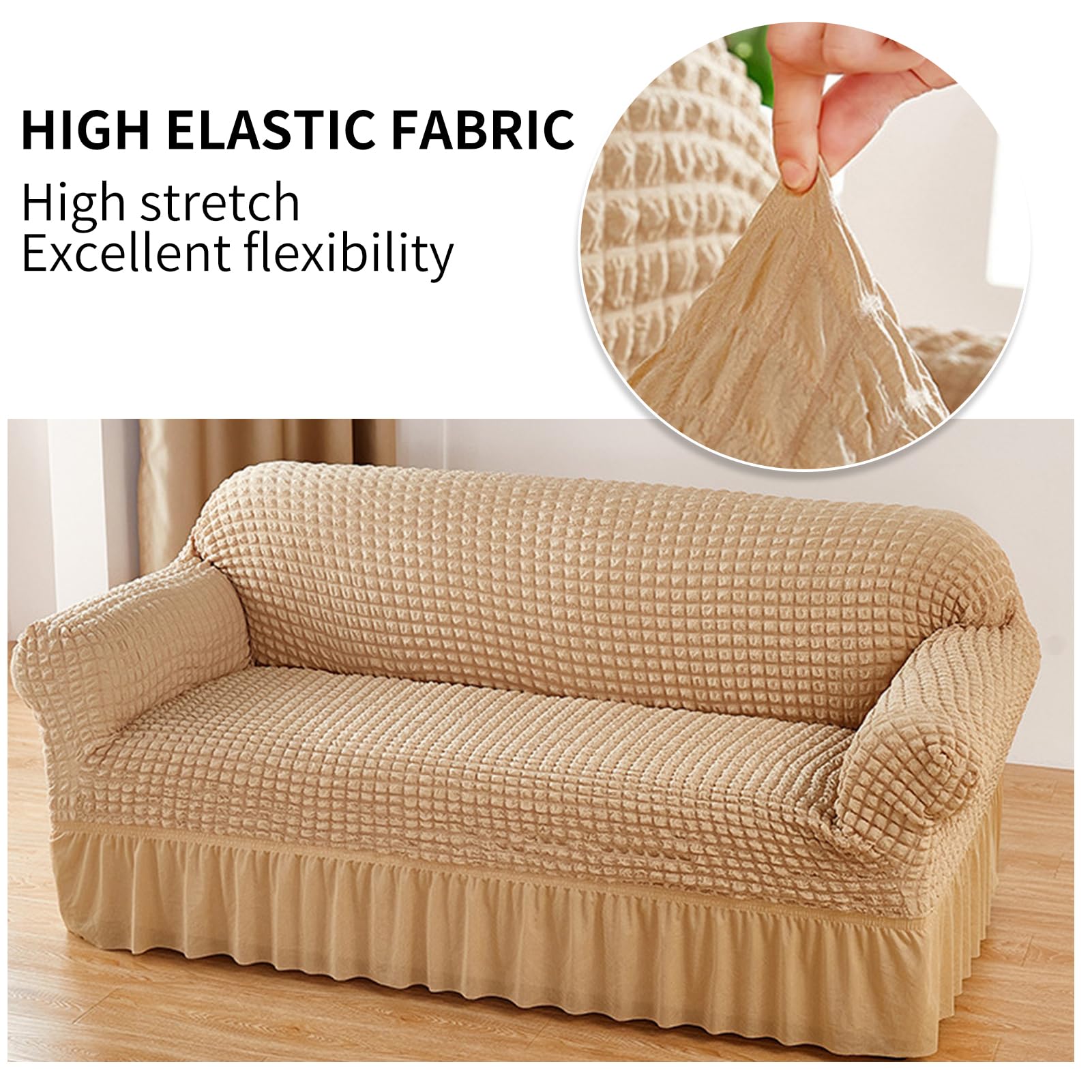 Seersucker-Stretch-Sofabezug mit Rüschenrock, Universeller Sofahusse, Waschbarer Sofaüberwurf, Beige, 4-Sitzer 235-300cm