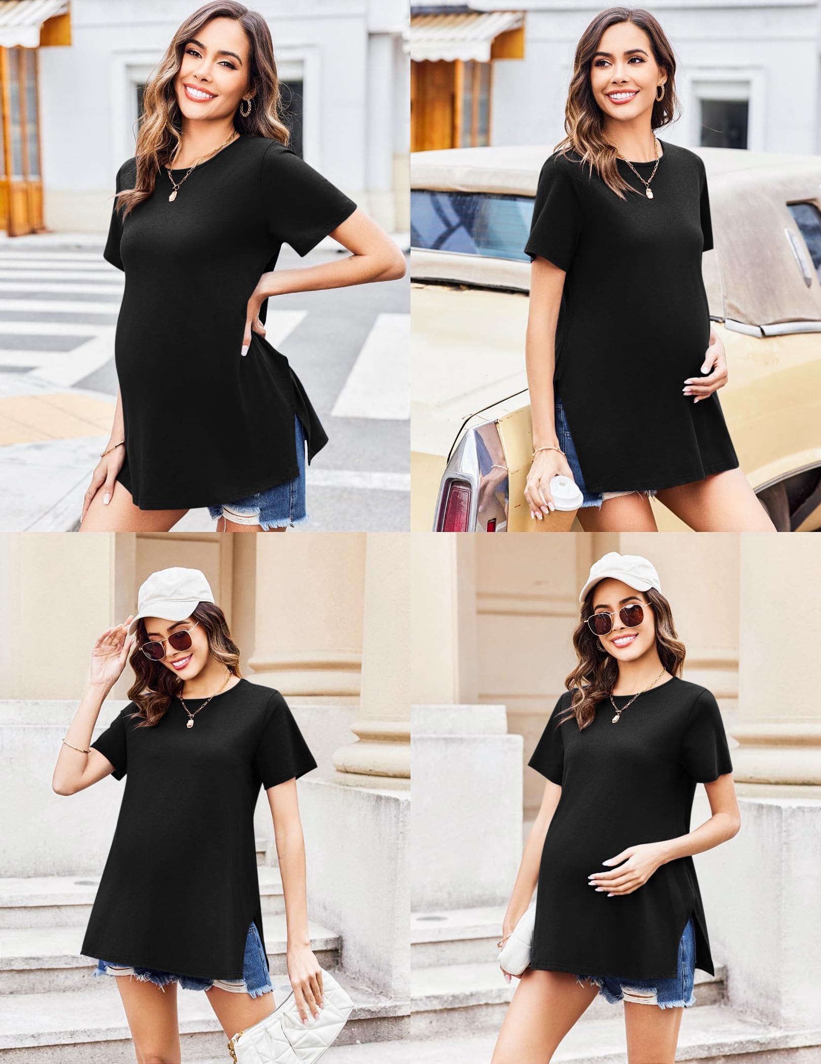 Ekouaer Confezione da 3 Top Premaman a Maniche Corte vestibilità Ampia Maglietta Basic Spacco Laterale S-XXL