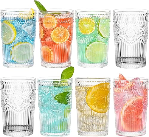 Vintage Highball Glasses, Set of 8 Glass Drinking Glasses, 13.5 oz Durable Drinkware Cups for Cocktails, Water, Juice, Beer, Wine-Special Edition