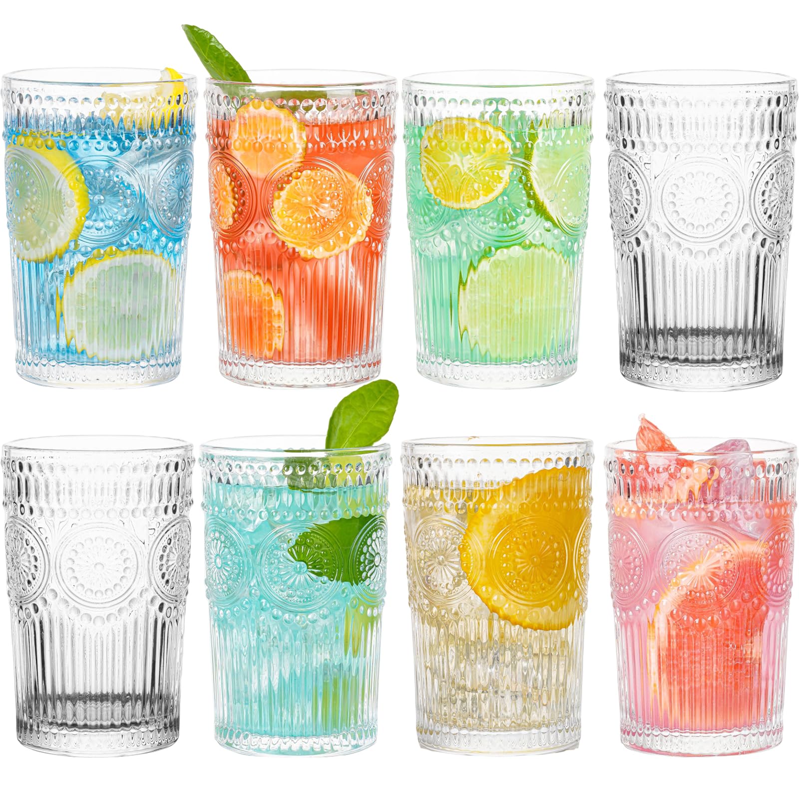 Claplante Vintage Highball Glasses Set of 8 Glass Drinking Glasses 13 5 oz Durable Drinkware Cups for Cocktails