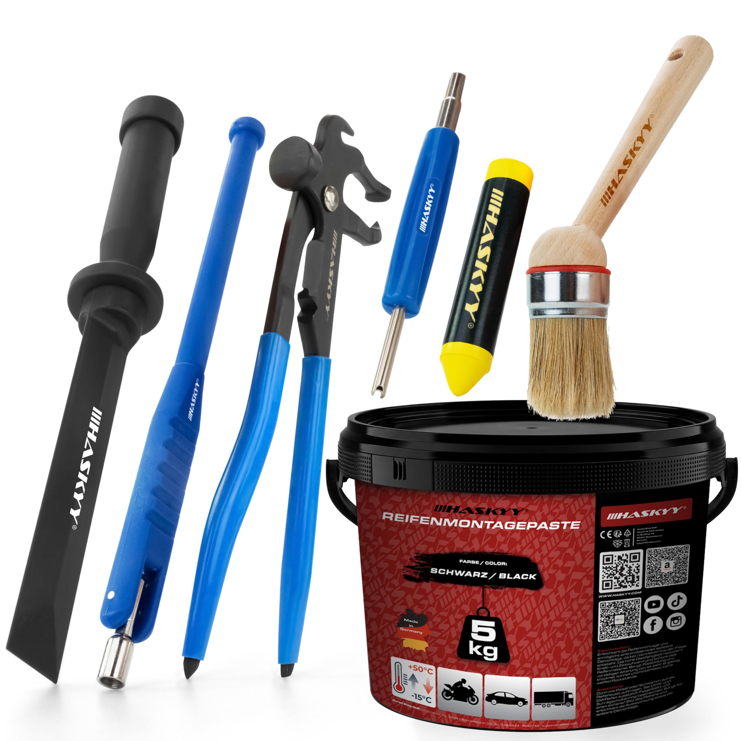 HASKYY Pasta de Montaje para Neumáticos Negra 5 kg – Kit de Montaje de Neumáticos con Extractor de Válvulas, Instalador de Válvulas, Alicate de Equilibrado para Pesos Adhesivos y de Golpe & Tiza Grasa