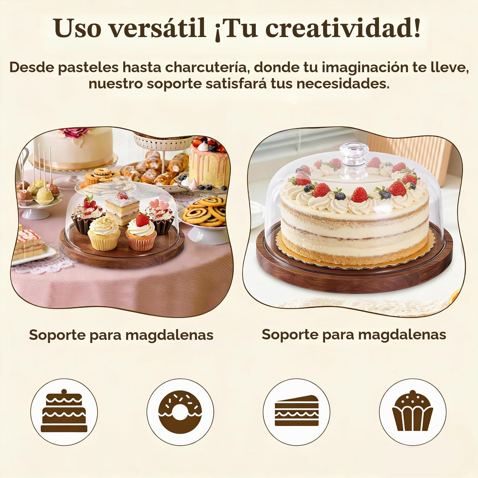 Buachois Soporte para Pastel con Tapa de Madera, Ø 30 cm / 12 Pulgadas Pastel Tapa, 2 en 1 Mesa de Pantallas de Charcutería de Redondo de Exhibición de Postres con Cúpula de Acrílico para Bandeja