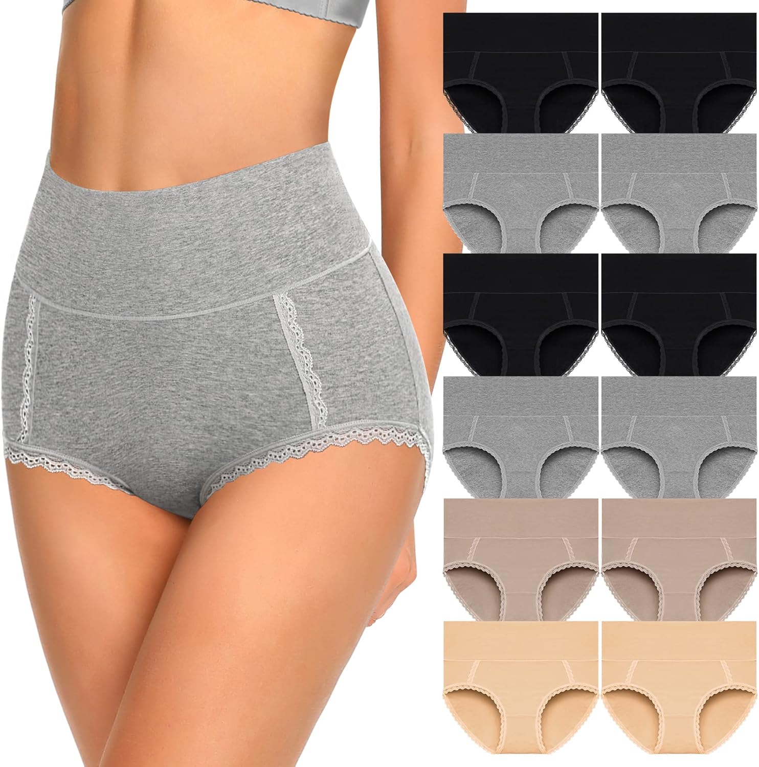 MISSWHO Cotton High Waisted Soft Womens Underwear Breathable Panties, Multipack