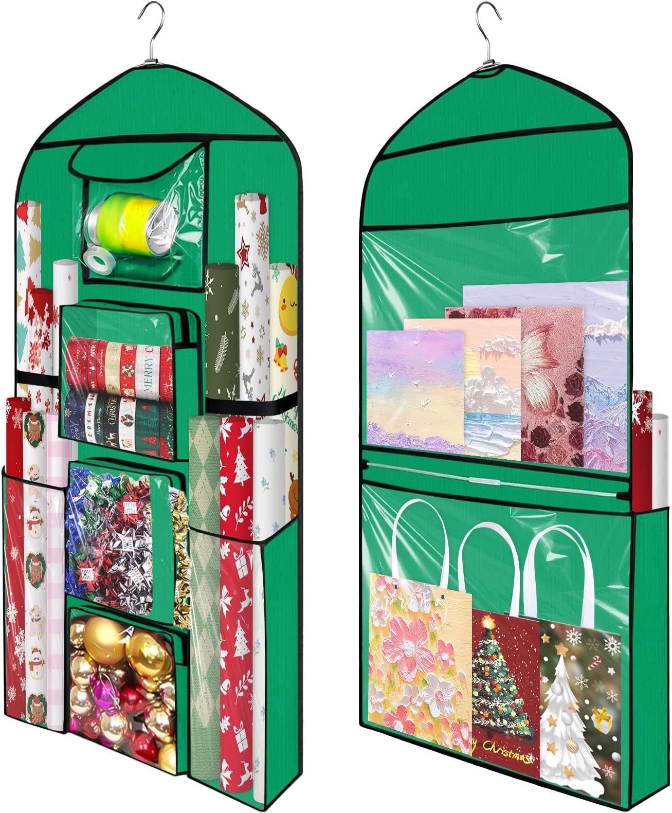 Hanging Gift Wrapping Paper Organizer Storage 48x24 Inch Double-Sided Over The Door Christmas Wrapping Storage Containers Gift Wrapping Organizer Present Paper Craft Roll Holder for Closet Door(Green)
