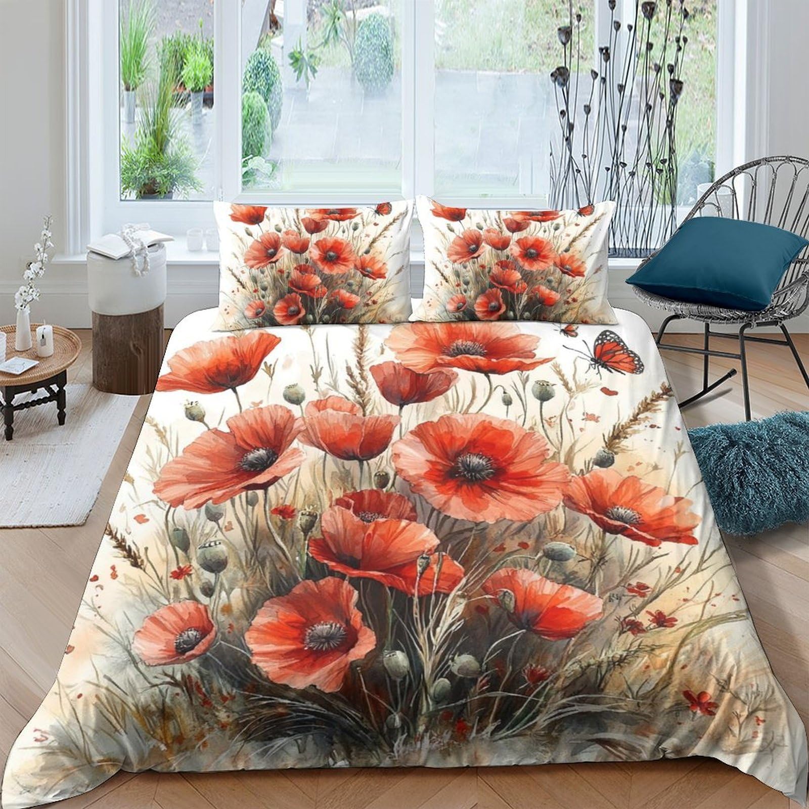 Ctjqhvkz Style-1 3D Printed Red Poppy Flower Fitted Sheet Microfiber Soft Breathable Wild Meadow Bed Cover For Bedroom Decor Single（135X200cm）
