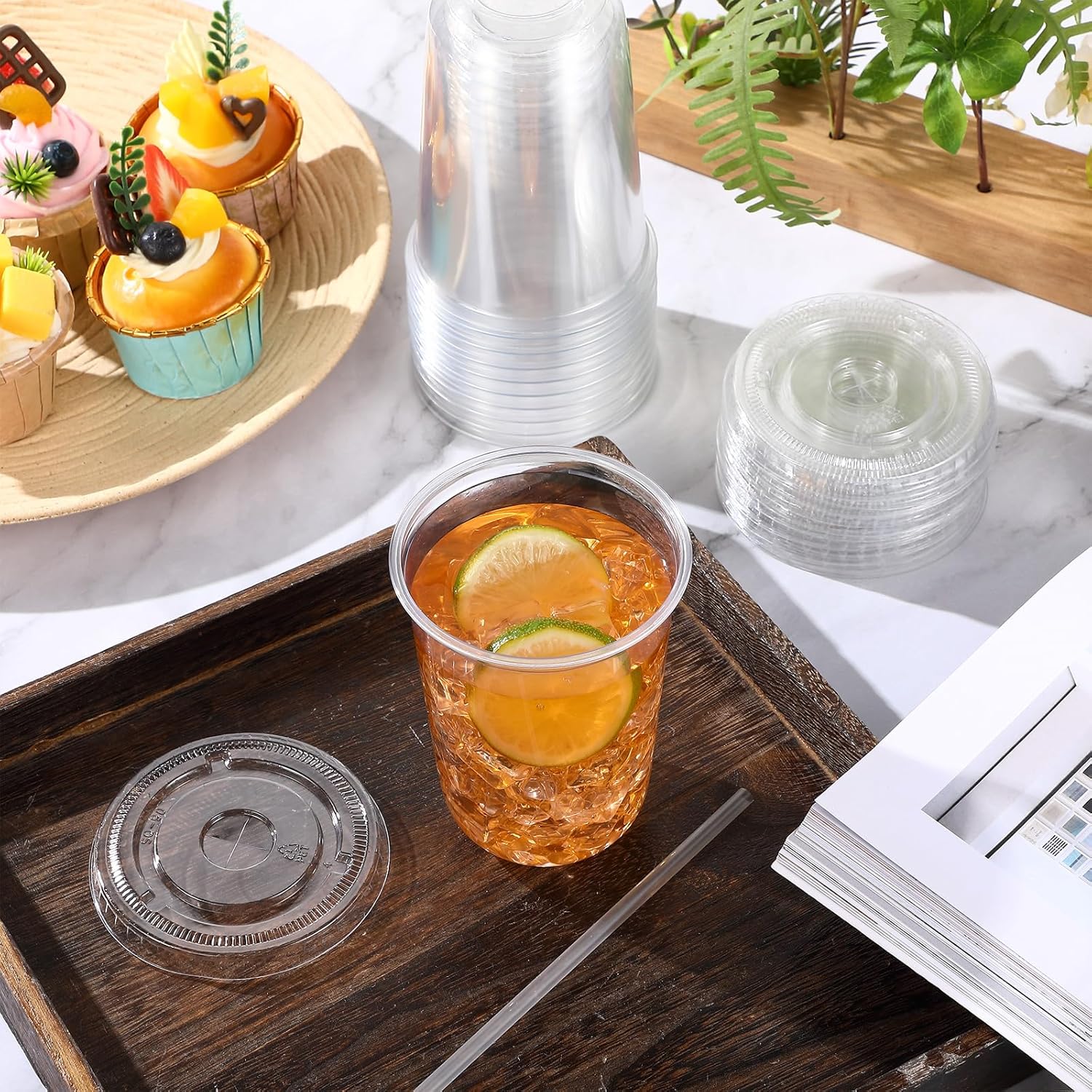 16oz 50 Set Plastic Cups with Lids and Straws, Disposable Clear Iced Coffee Cup with Lids Round Bottom Plastic Cup for Cold Beverage Drinks Juice Smoothie Coffee Shops Party(Classic Lid) - Image 2