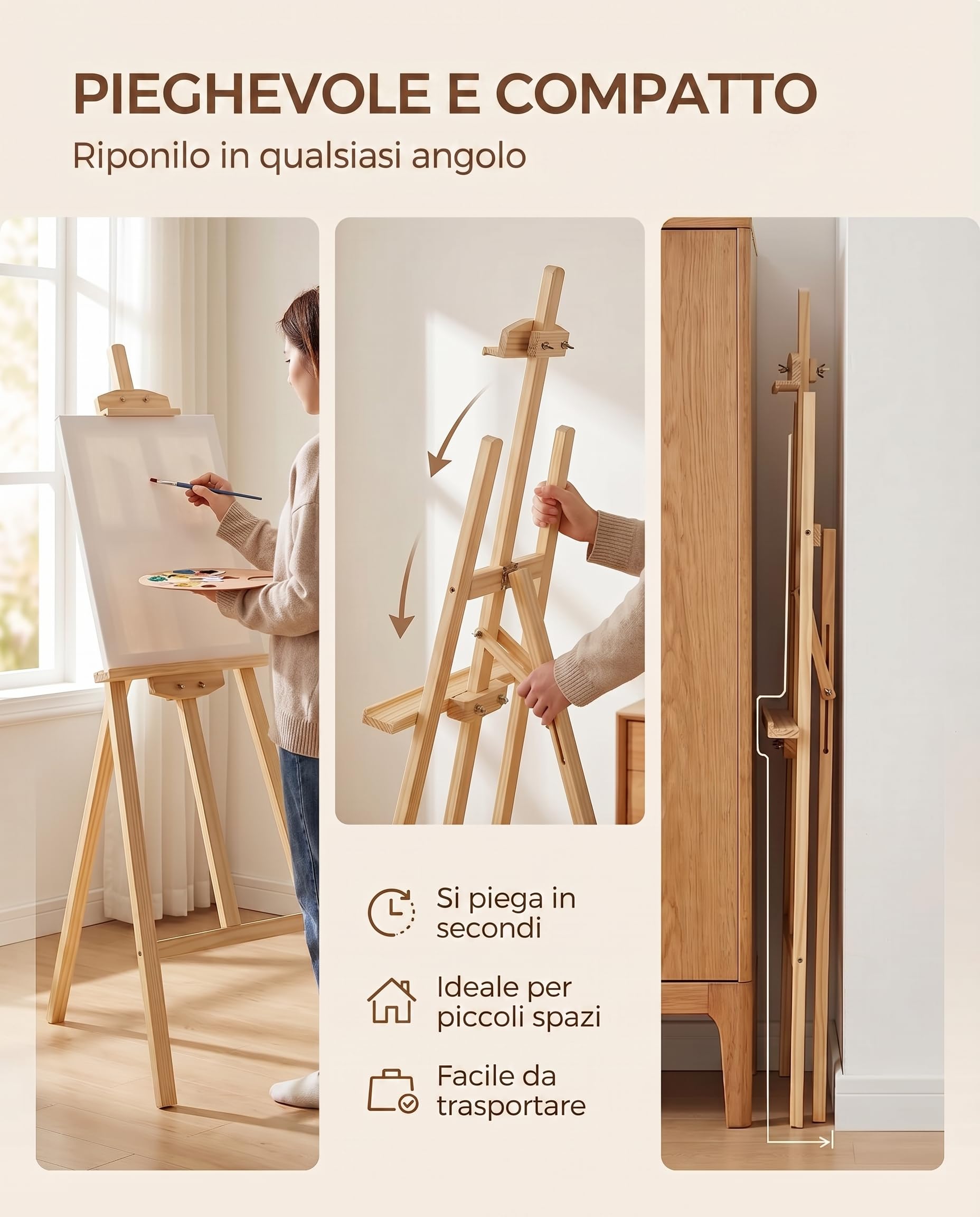 NOGUI - Cavalletto Pittura - Cavalletto in Legno di Pino 175 cm - Altezza e Inclinazione Regolabile - Ideale per Esposizioni Bambini e Adulti - Leggero e facile da piegare