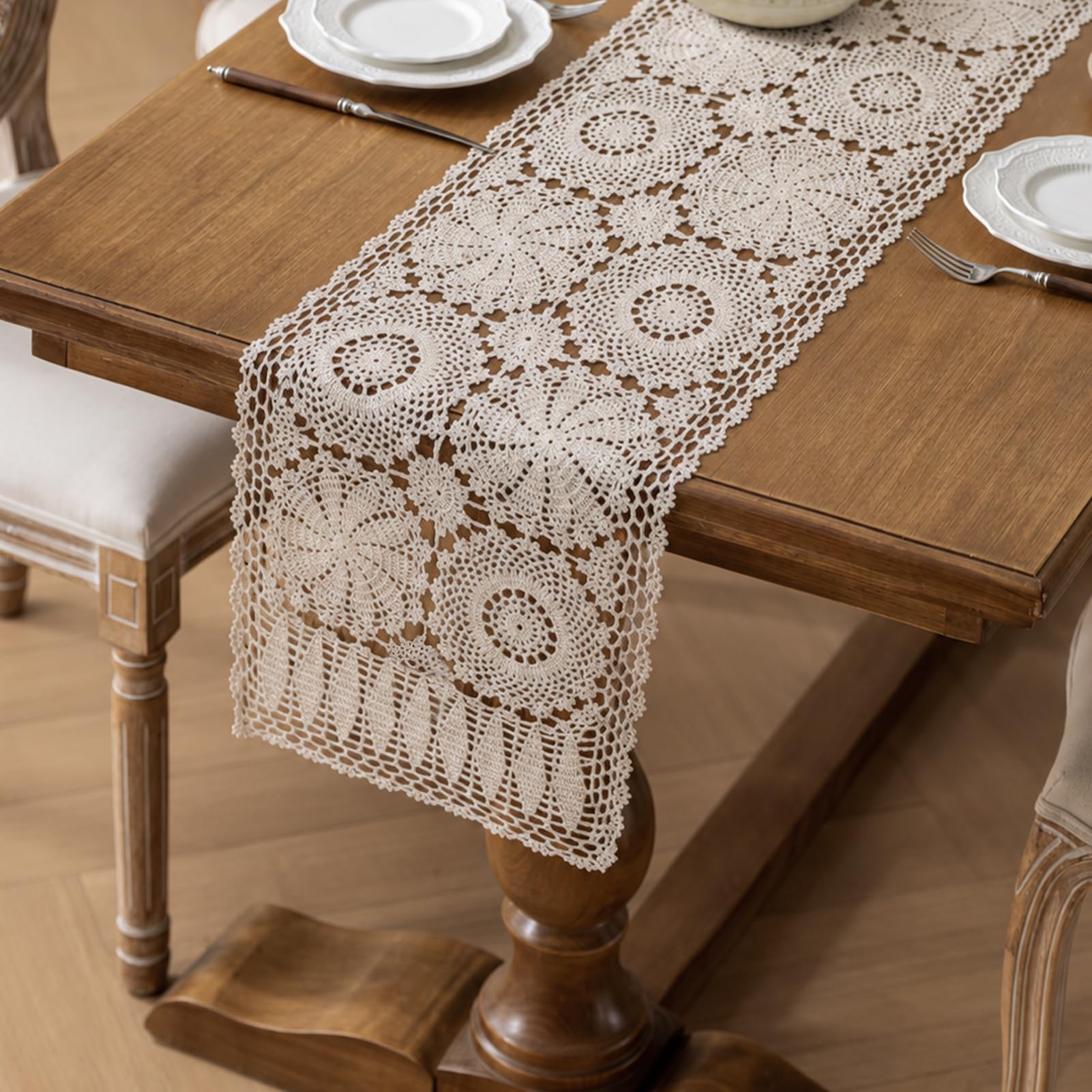 kilofly Handmade Crochet Cotton Rectangular Table Runner, 15 x 59 inch, Beige