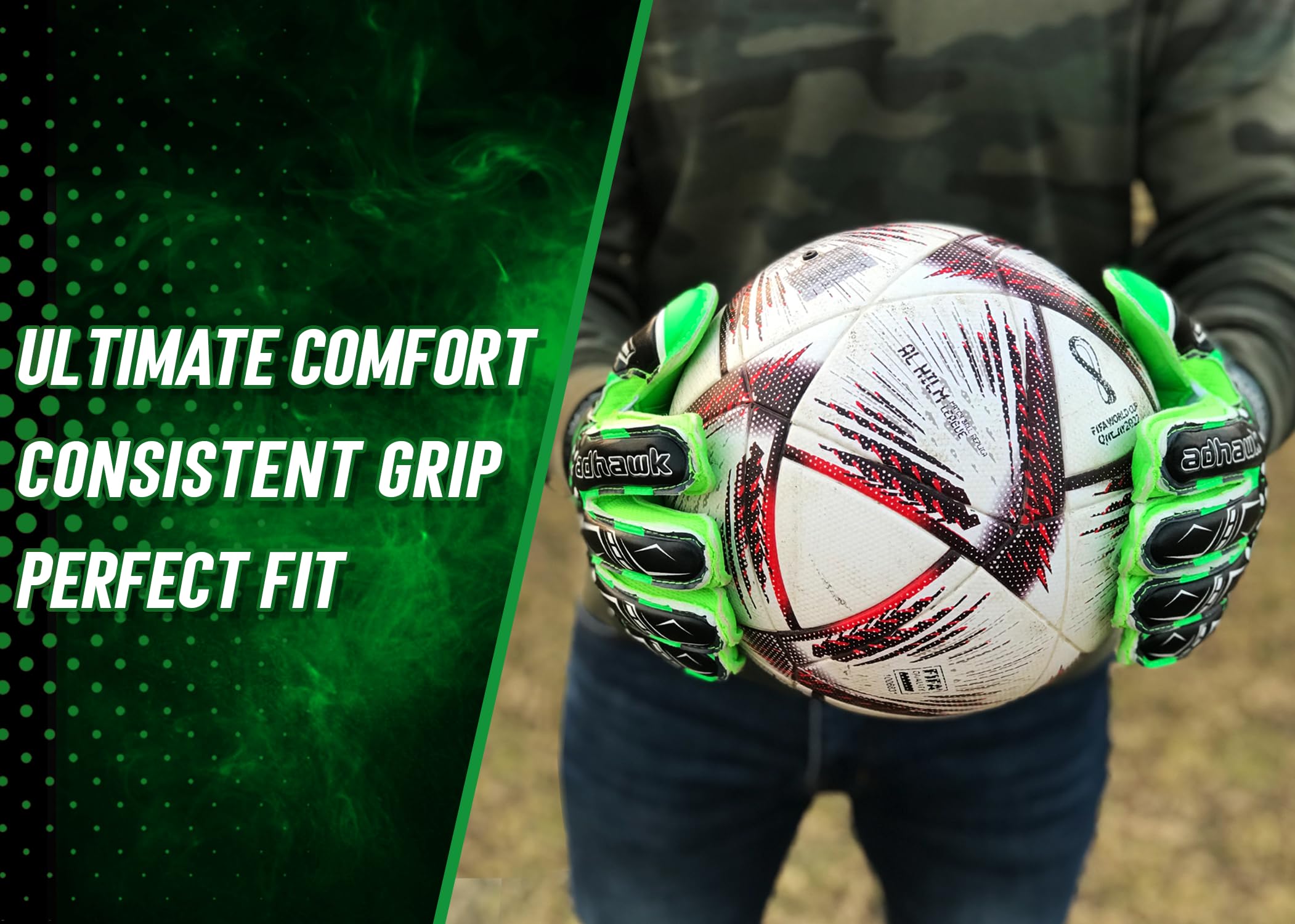 Adhawk Goalkeeper Gloves, Premium Quality Latex Palm with Finger Spine Protection & Double Layer Wristband - Image 8