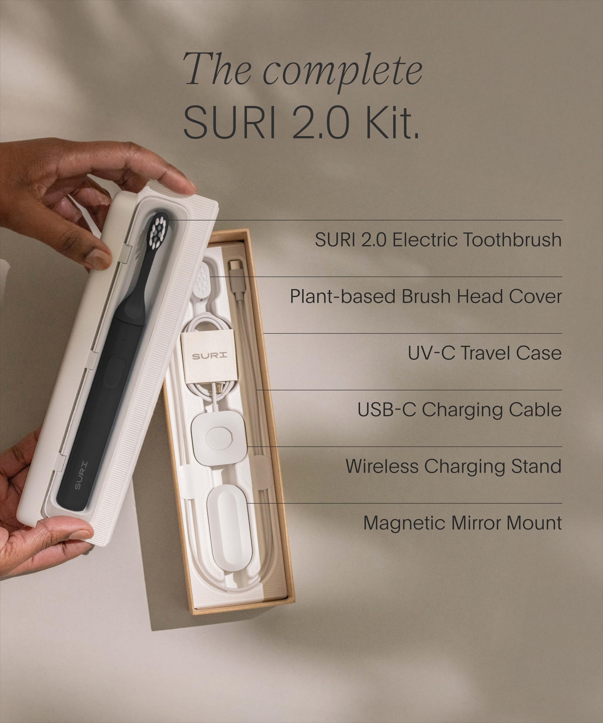 SURI 2.0 Nuevo cepillo de dientes eléctrico sónico con sensor de presión y estuche de viaje de limpieza UV | 1 mes + batería | Cepillo de dientes eléctrico para adultos | Cepillos de dientes de viaje