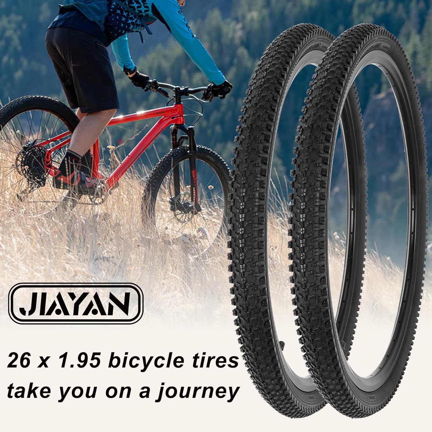 JIAYAN 24/26x1.95 Folding Replacement Bicycle Tires with Tire Levers and Tire Liners, 24''/26'' Mountain Bike Tire and Inner Tube for MTB Off-Road Bicycle
