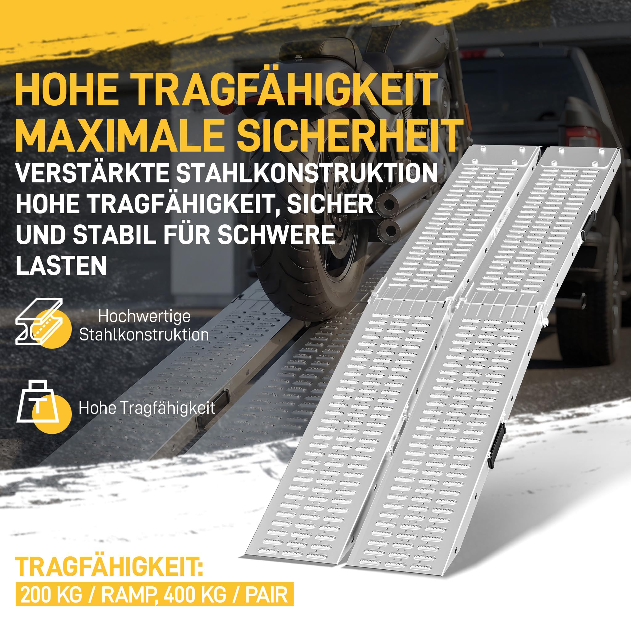 YRHome 2 Stück Faltbare Auffahrrampe Verladerampe Laderampe Laderampen verzinkter rutschfeste Auffahrschienen Rampe 180 x 22.5 cm mit Griff für Motorrad Anhänger Rasenmäher Rasentraktor max. 400 kg
