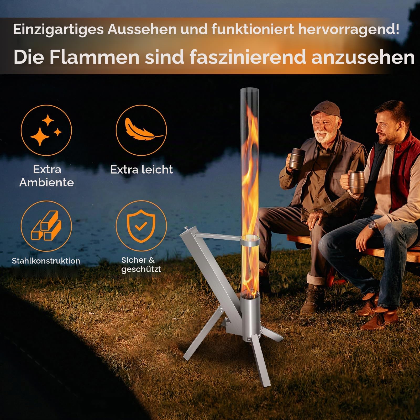 CTSC Outdoor-Pelletofen, Pelletofen für Terrasse mit 100 x 8 cm Glasrohr, fügt Raumlicht und Ambiente für Veranda, Terrasse, Garten & Hinterhof hinzu