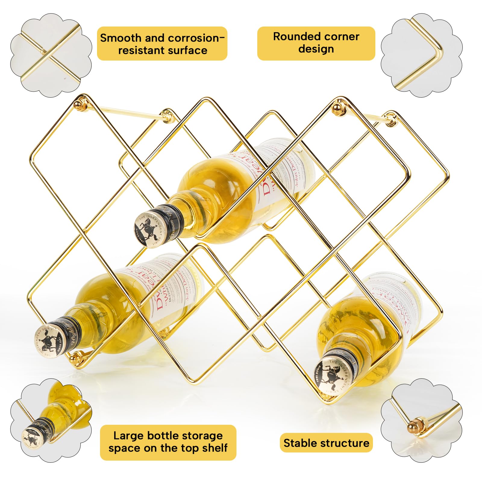 Estante para vino, metal dorado moderno independiente, estante de almacenamiento de vino, estantes de vino para encimera, despensa, estante para botellas de vino de cocina (10 botellas) 5