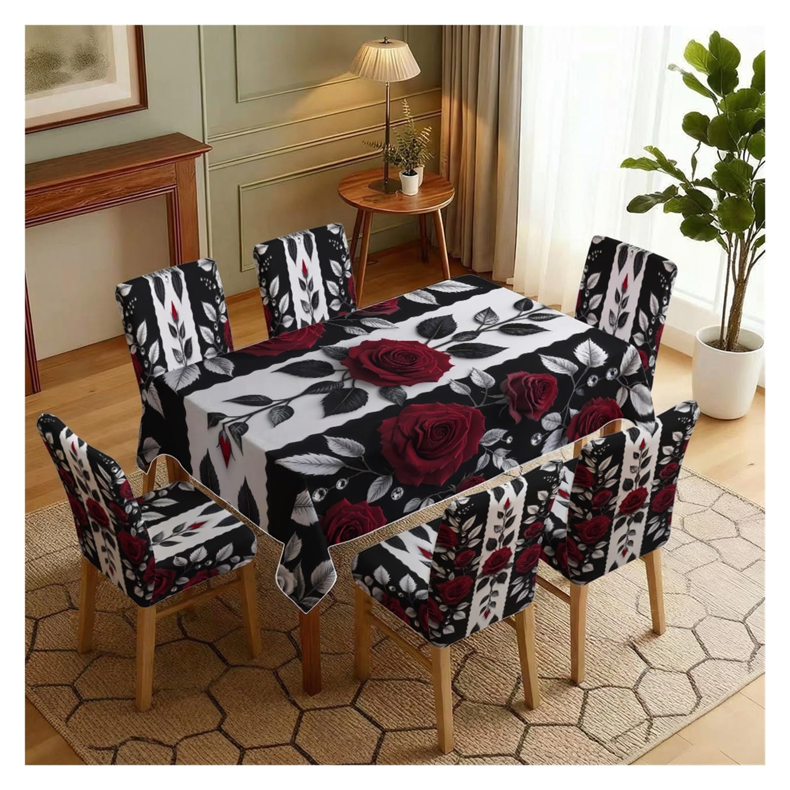 KXUAUV Black And White Gothic Red Rose Print Tablecloth And Stretch Chair Covers Set For Moody Dining Room Decor 5/7 Pieces Party Decor(7pcs Set: Tablecloth+Chair Covers)
