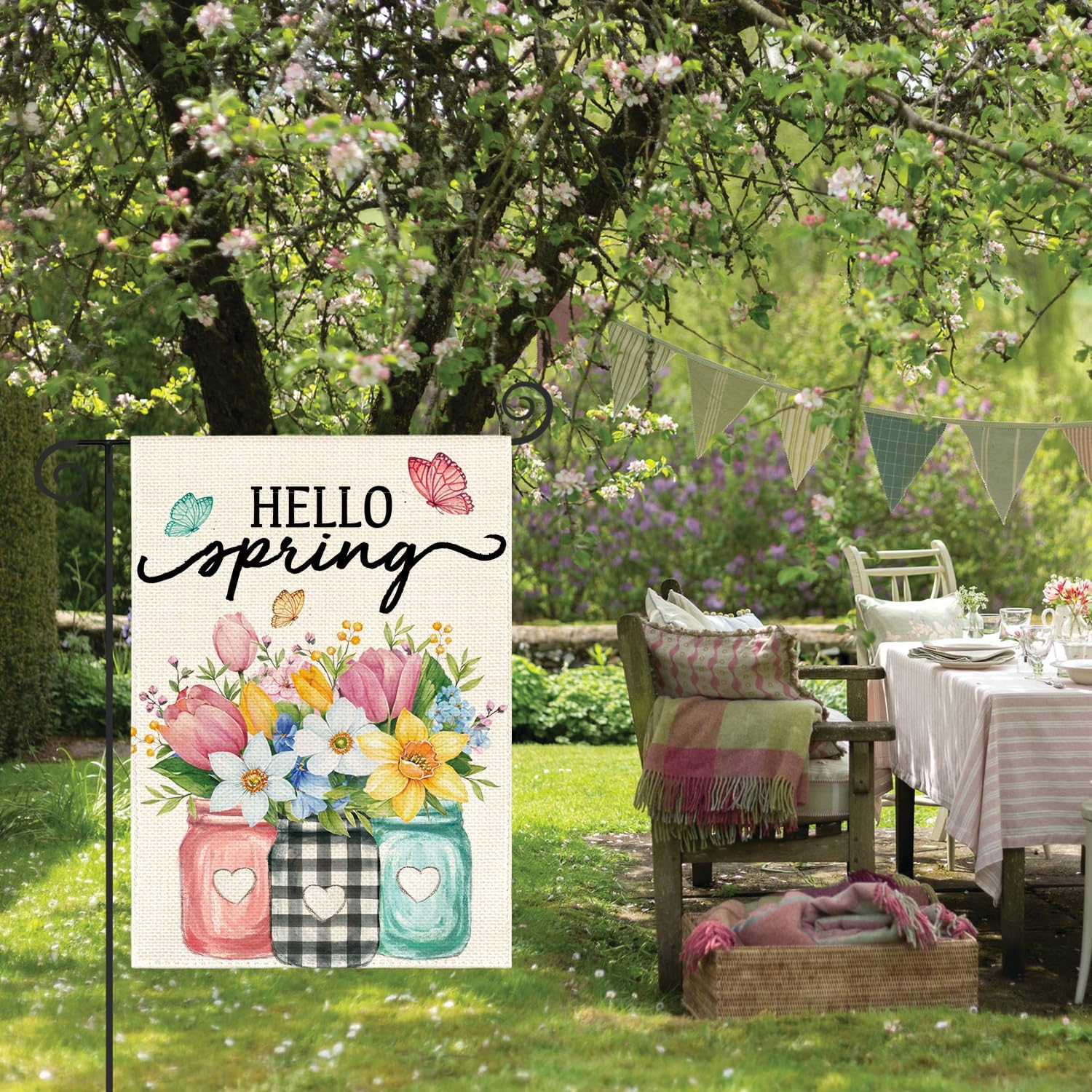 AVOIN colorlife Hello Spring Garden Flag 12x18 Inch Double Sided Outside, Floral Mason Jar Holiday Yard Outdoor Flag - Image 4