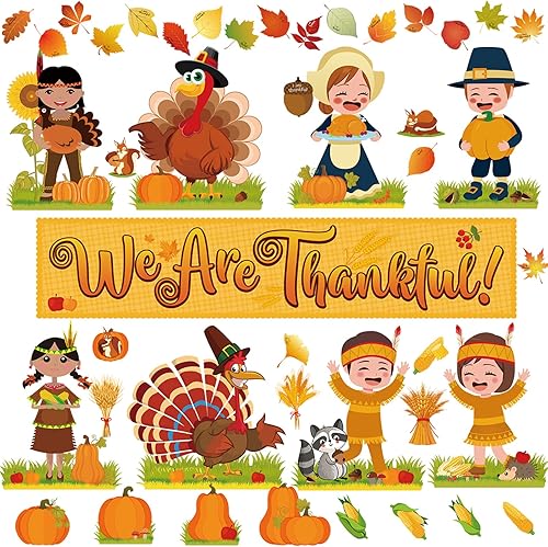 Chinco Juego de 64 tablones de anuncios de Acción de Gracias, otoño, otoño, decoración de tablón de anuncios con texto en inglés "We Are Thankful",