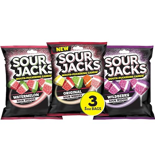 Sour Jacks Paquete variado de golosinas de gomitas de caramelo, originales, sandía y bayas silvestres, bolsas individuales de 5 onzas (paquete de 3)