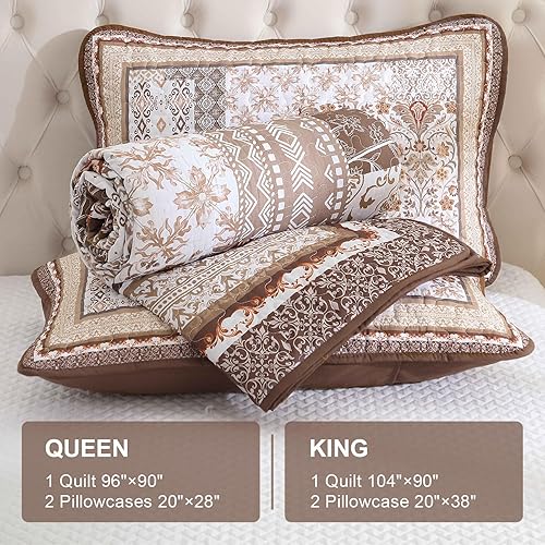 Miniatura 6 de WONGS BEDDING Juego de edredón marrón tamaño King, juego de colcha con patrón floral bohemio, colcha de retazos bohemios para todas las estaciones
