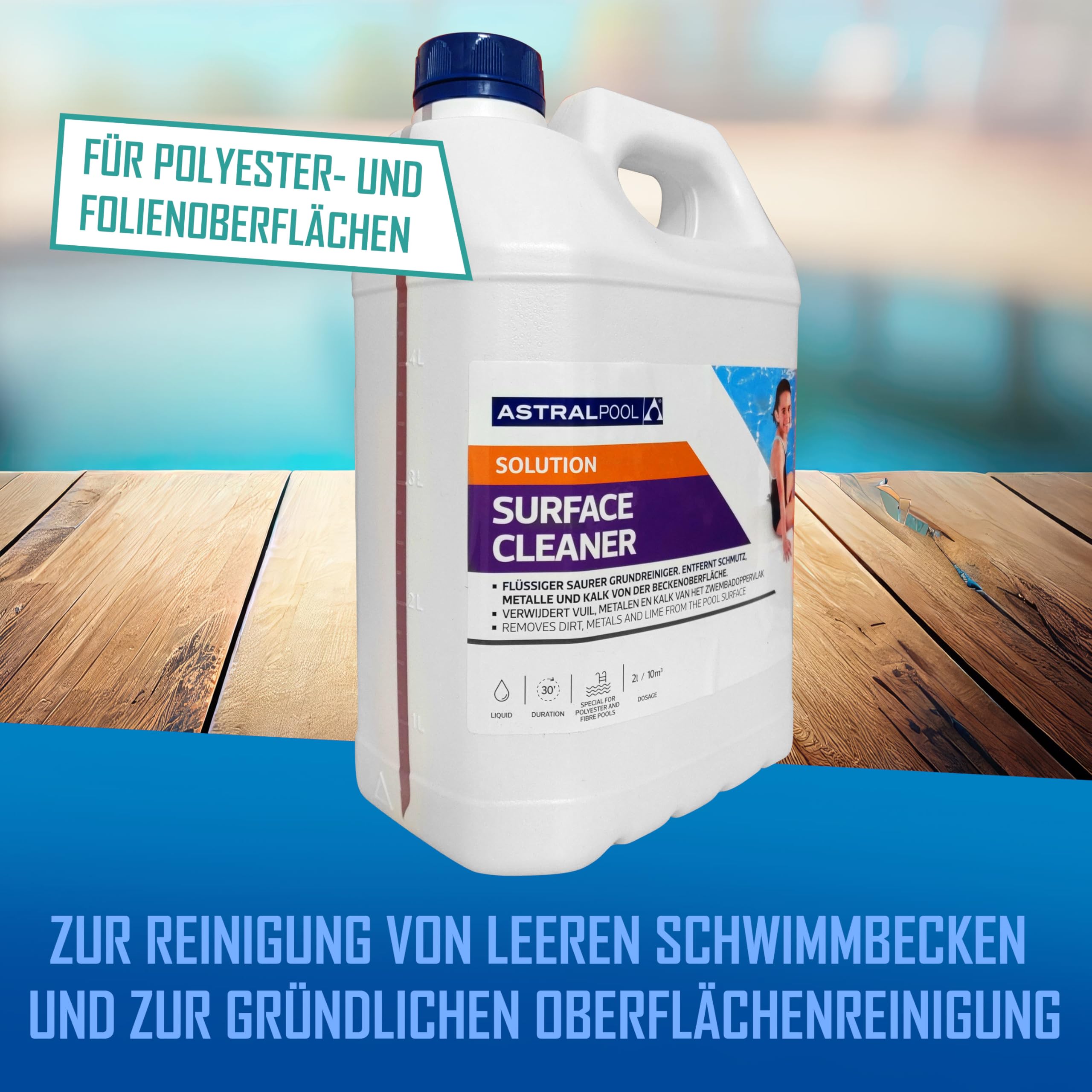 Astral Pool Grund- Oberflächenreiniger 5 Liter - Reinigungsmittel zur Beseitigung von Kalkablagerungen und organischen Rückständen - Saurer Surface Cleaner für Polyester- und Folienoberflächen