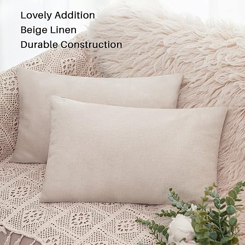 Miniatura 8 de Juego de 4 fundas de almohada lumbares en blanco de 12 x 20 pulgadas, para decoración de sublimación, vinilo de transferencia de calor, de lino beige