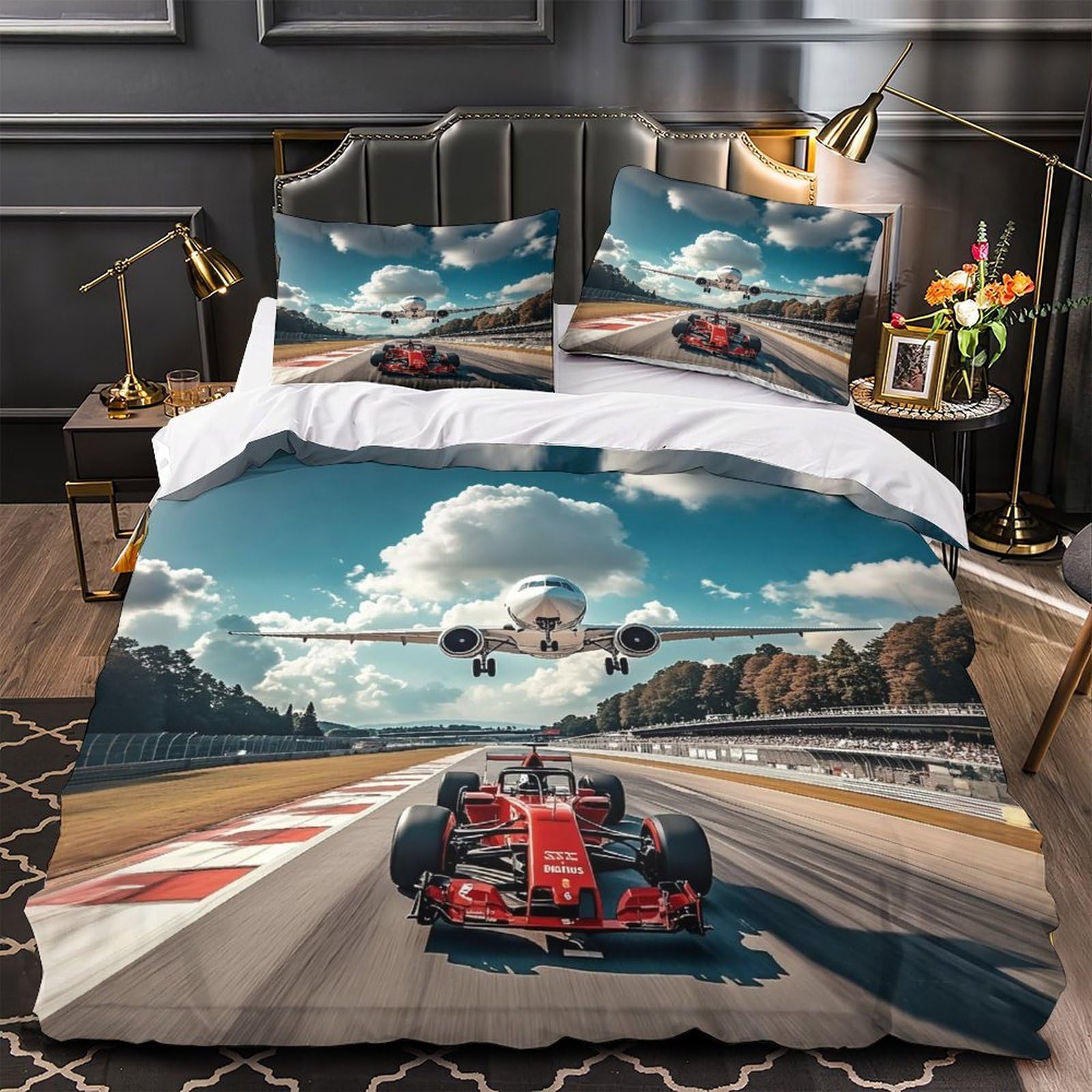 DAFUfbw Formulaa Racing Quilt Cover Super King（260x220cm） With Hidden Zipper, Racing Car Duvet Cover with Pillowcases, Soft Light Microfiber Comforter Cover
