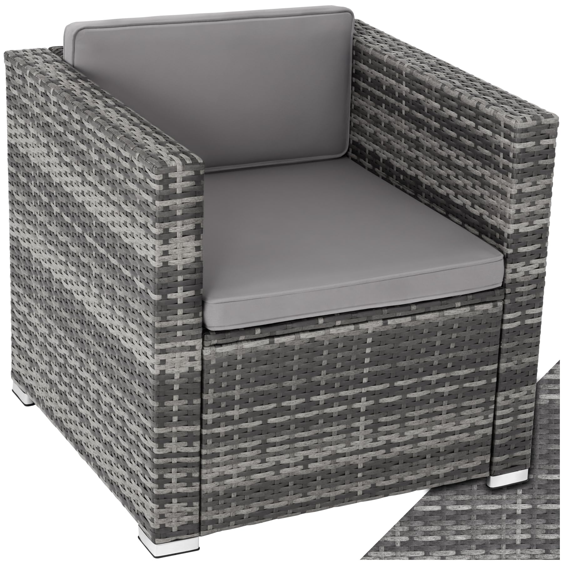 tectake® Sillón de Ratán y Acero con Reposabrazos, Mueble Jardín Exterior Resistente a la Intemperie, Sillón para Conjunto Jardín Exterior, con Cojines, Fundas Extraíbles, Fácil Montaje - gris