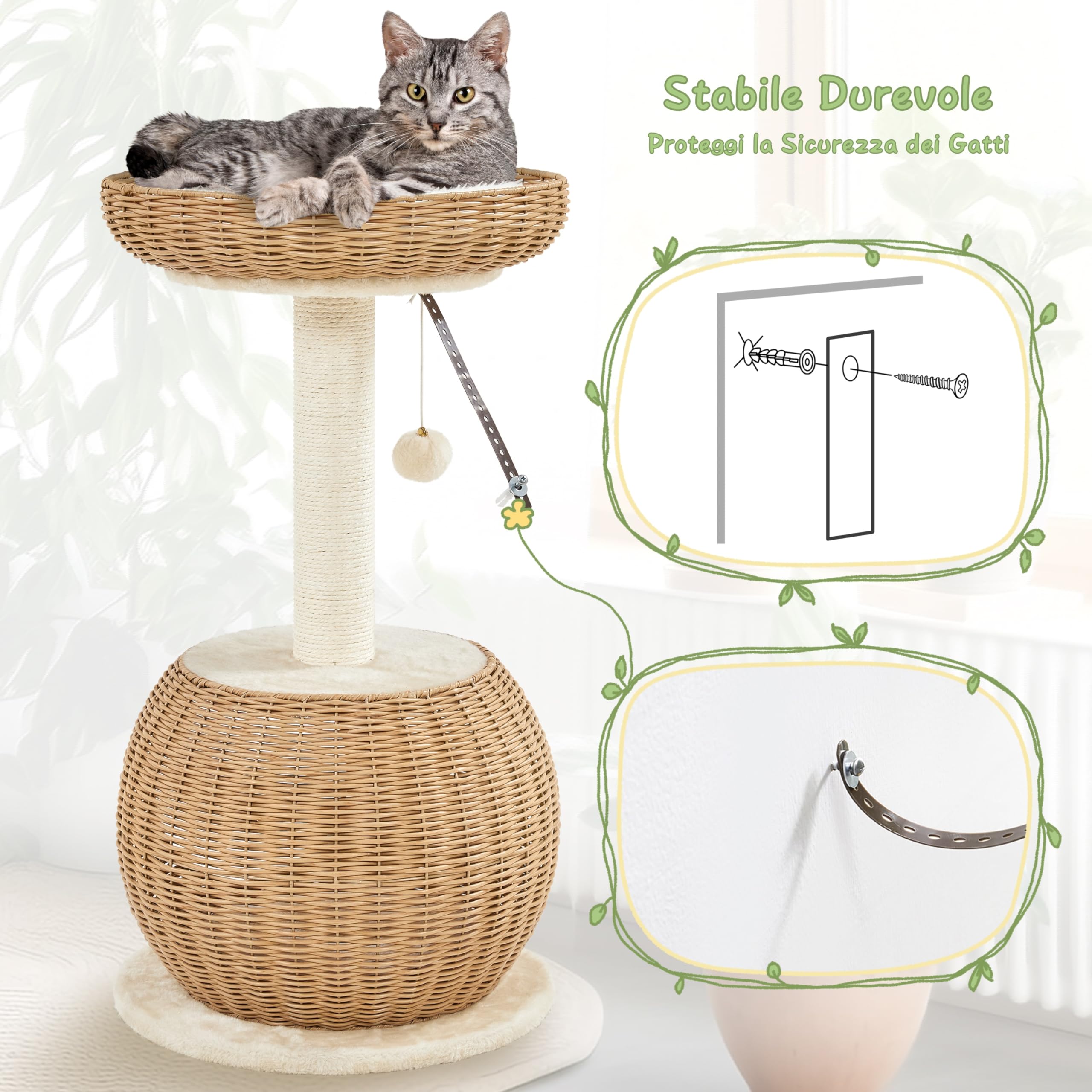 Yaheetech Tiragraffi per Gatti Albero per Gatti in Rattan Intrecciato Trespolo Cuccia per Gatti con Pallina Gioco Altezza 75cm Beige