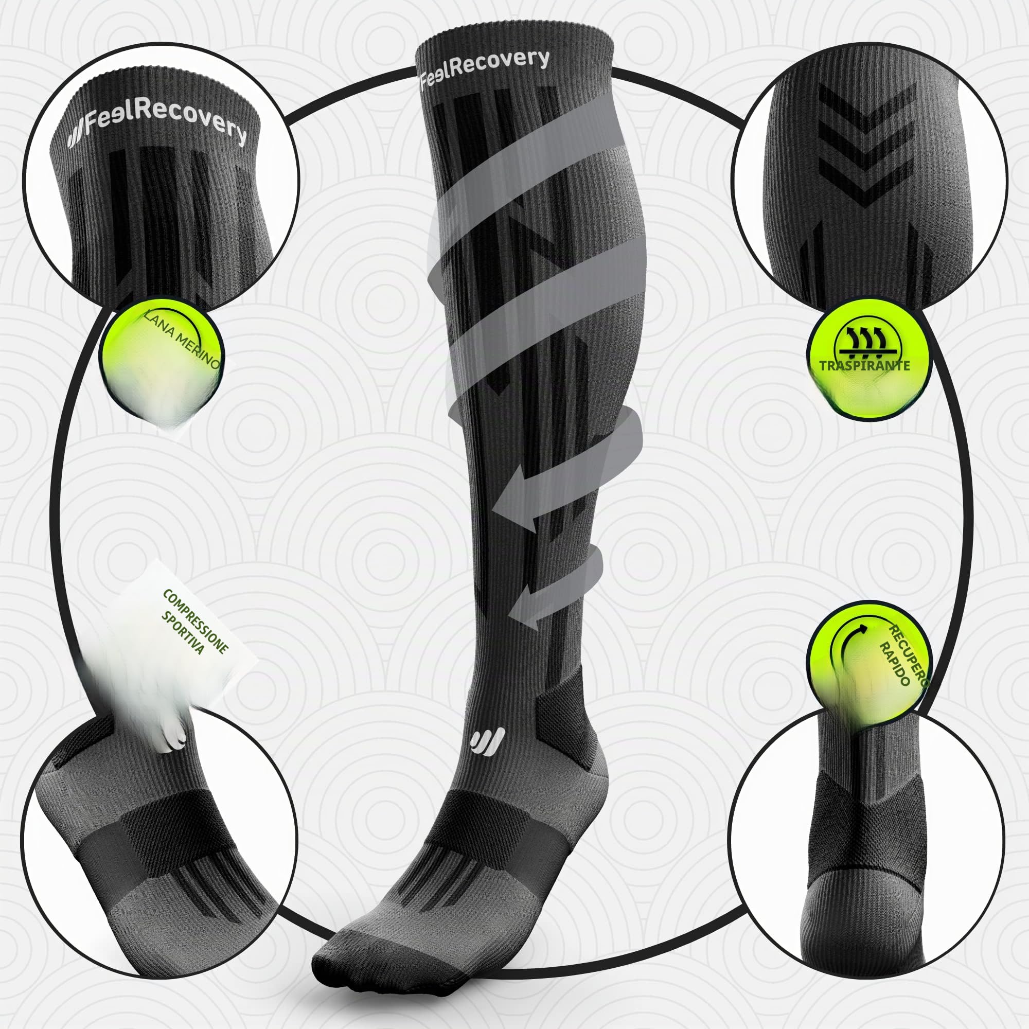 Calze Compressione Graduata Sport Uomo/Donna (1 Paio) - Calze Contenitive Running, Trekking, Sport, Calcio, Sci - Calzettoni Lunghe Termiche Estive e Invernali - Calza Elastica Lana Merino Traspirante