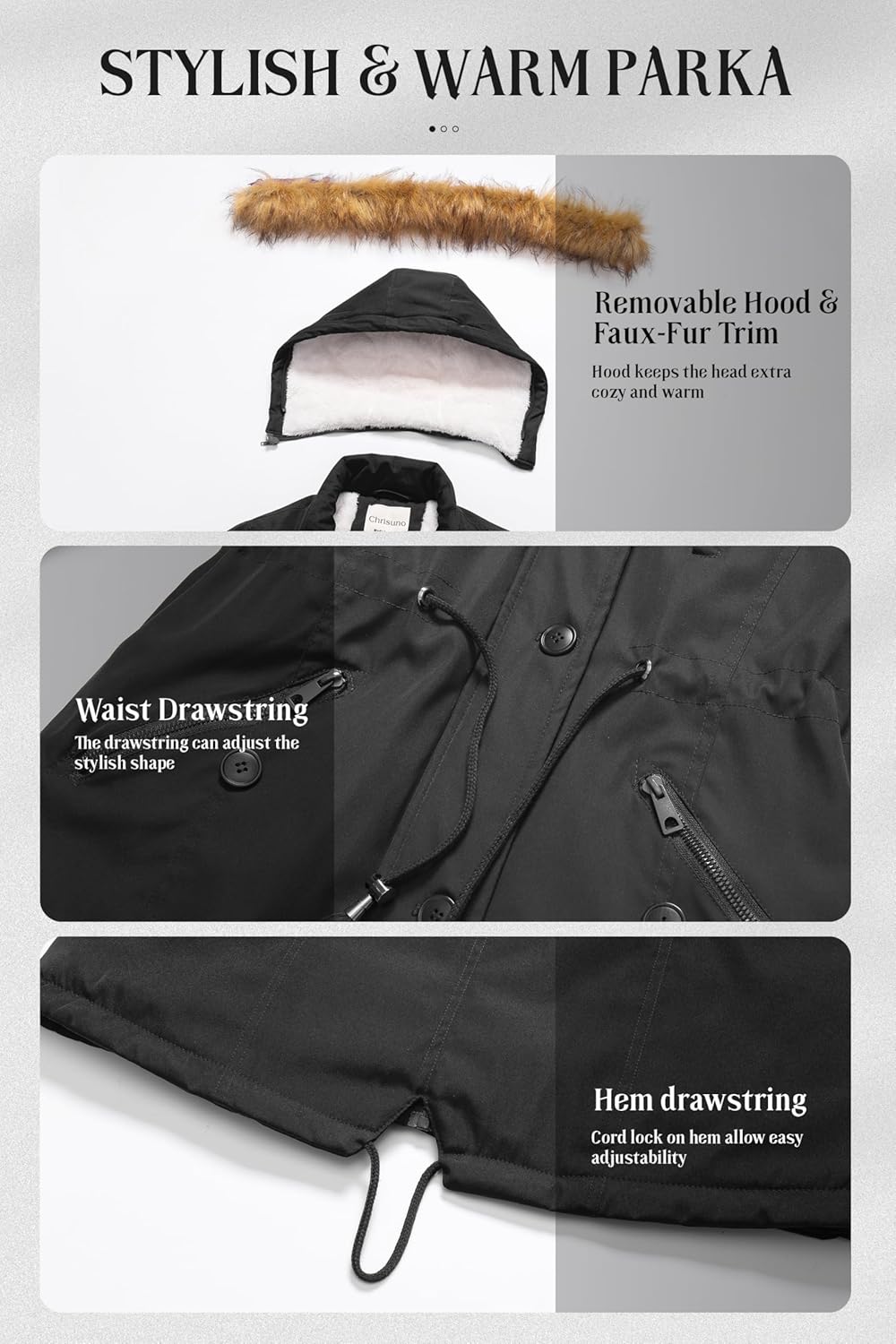 Chrisuno Women's Mid-Length Military Parka Winter Outerwear Insulated Jacket Soft Fleece Snow Faux Fur Coat - Image 6