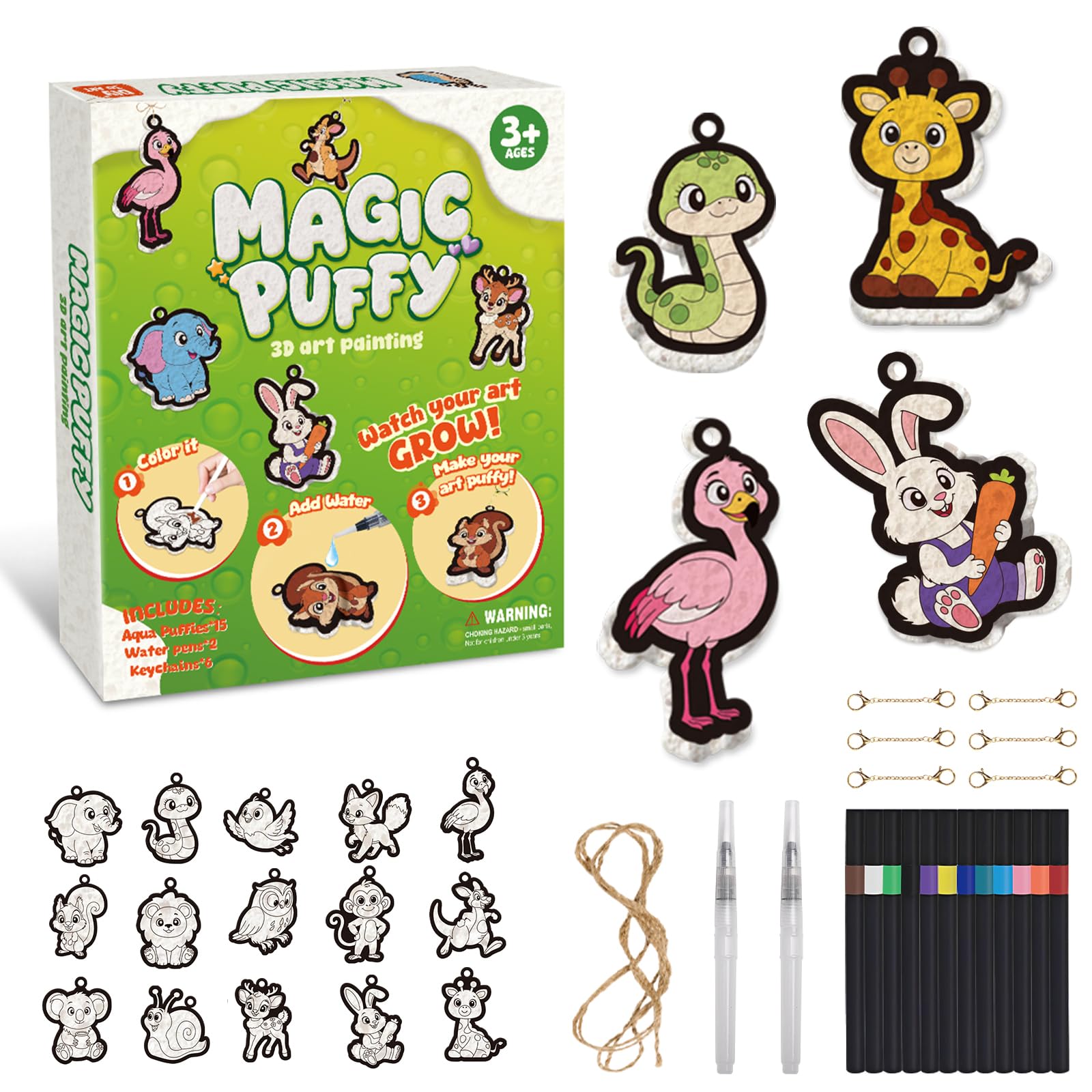 mtchavno 3D Art Craft Magic Puffs Paint Kit, Magic Foam Texture Painting Kit, 15 Mess-Free Paint by Number Craft, DIY Painting Gifts for Children's Birthday Parties Ages 4-10(Animal-Themed)