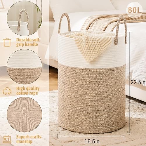 Miniatura 6 de Artfeel Cesta de lavandería de cuerda de algodón tejida, 80 litros para almacenamiento decorativo de ropa sucia, juguetes y mantas en el baño,