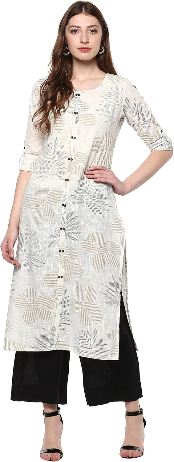 Janasya Indian Women's Cotton Off White Foil Print Casual Wear Kurta for Women - Image 2