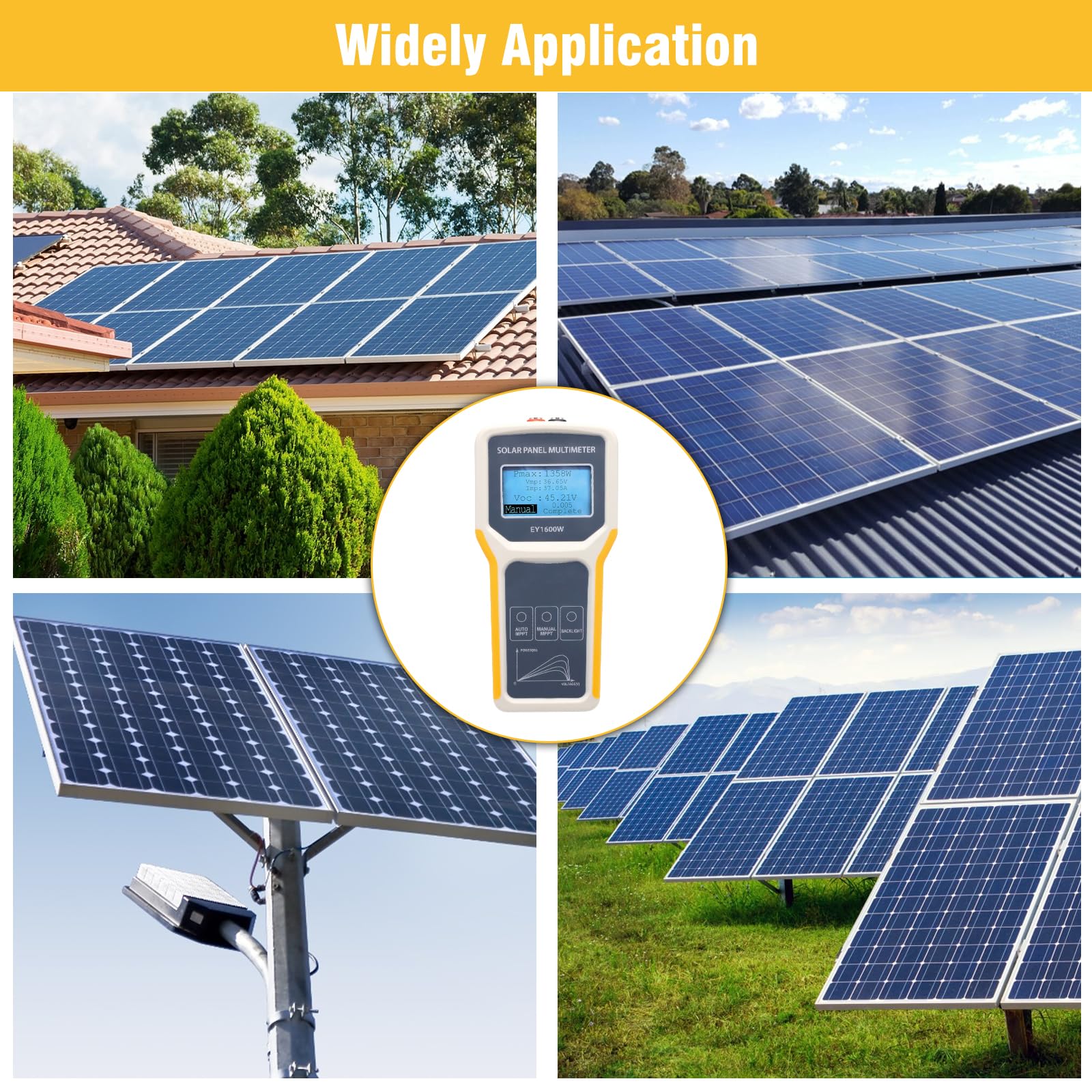 Tester solare EY1600 W, installazione, misuratore tensione vuoto, rilevamento MPPT, display LCD